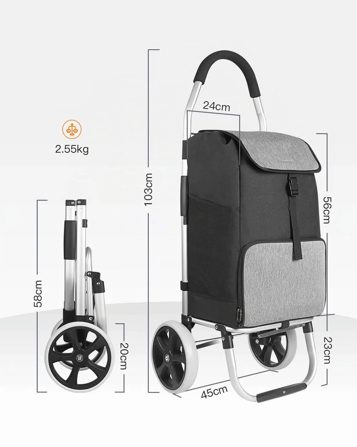 Inateck Chariot de Courses Pliable 41L Grandes Roues Silencieuses Cadre Aluminium Sac Imperméable Isotherme Noir Gris