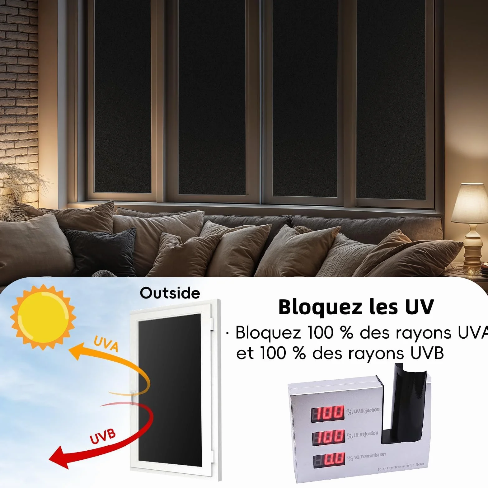 Qualsen Film Occultant Fenêtre Noir Anti Regard Opaque Statique sans Colle Anti-UV 100% Blocage de Lumière 44.3 x 200 cm