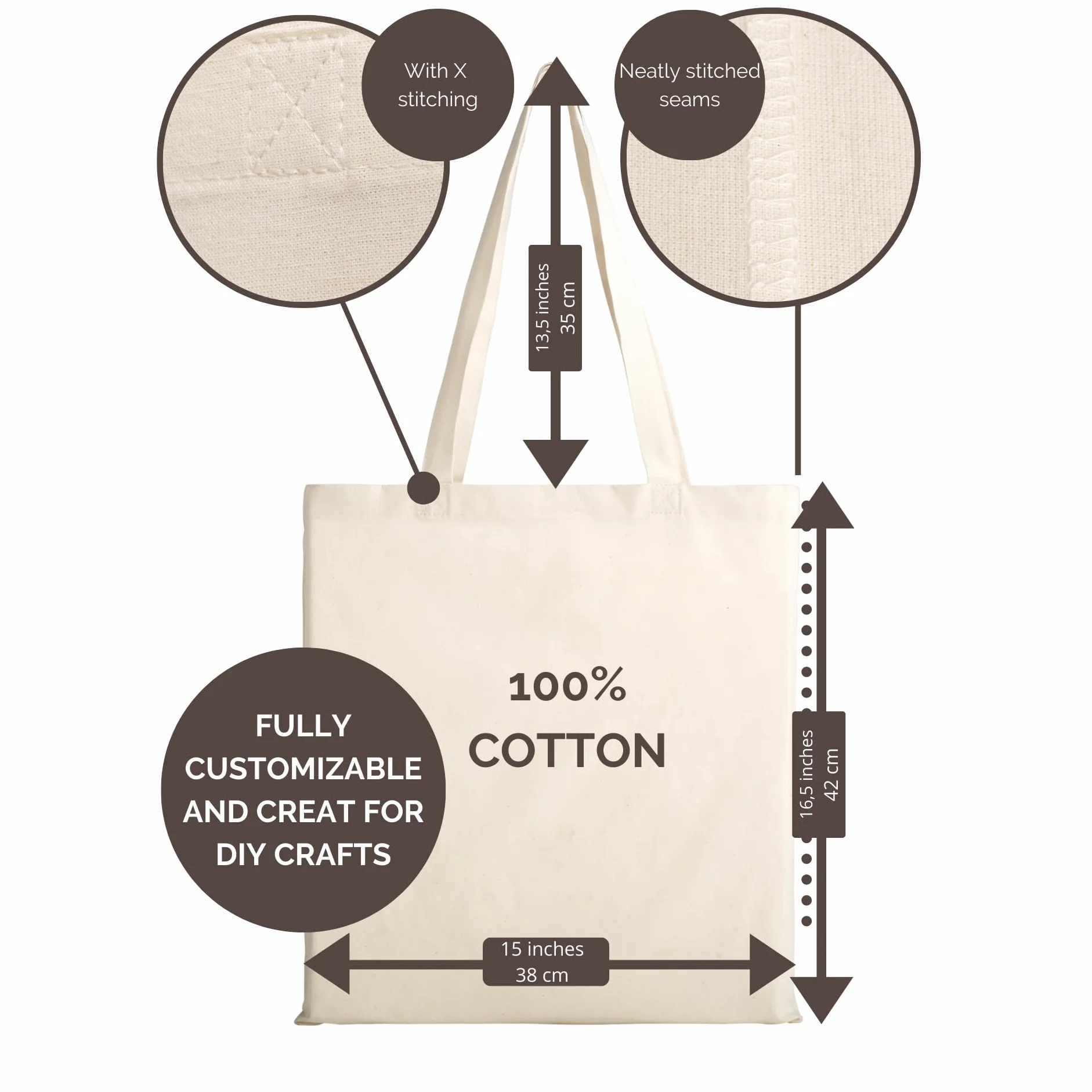 Tote Bag Vierge 100% Coton 145 g/m² 38x42 cm Sac en Tissu Anses Longues 70 cm Lot de 5