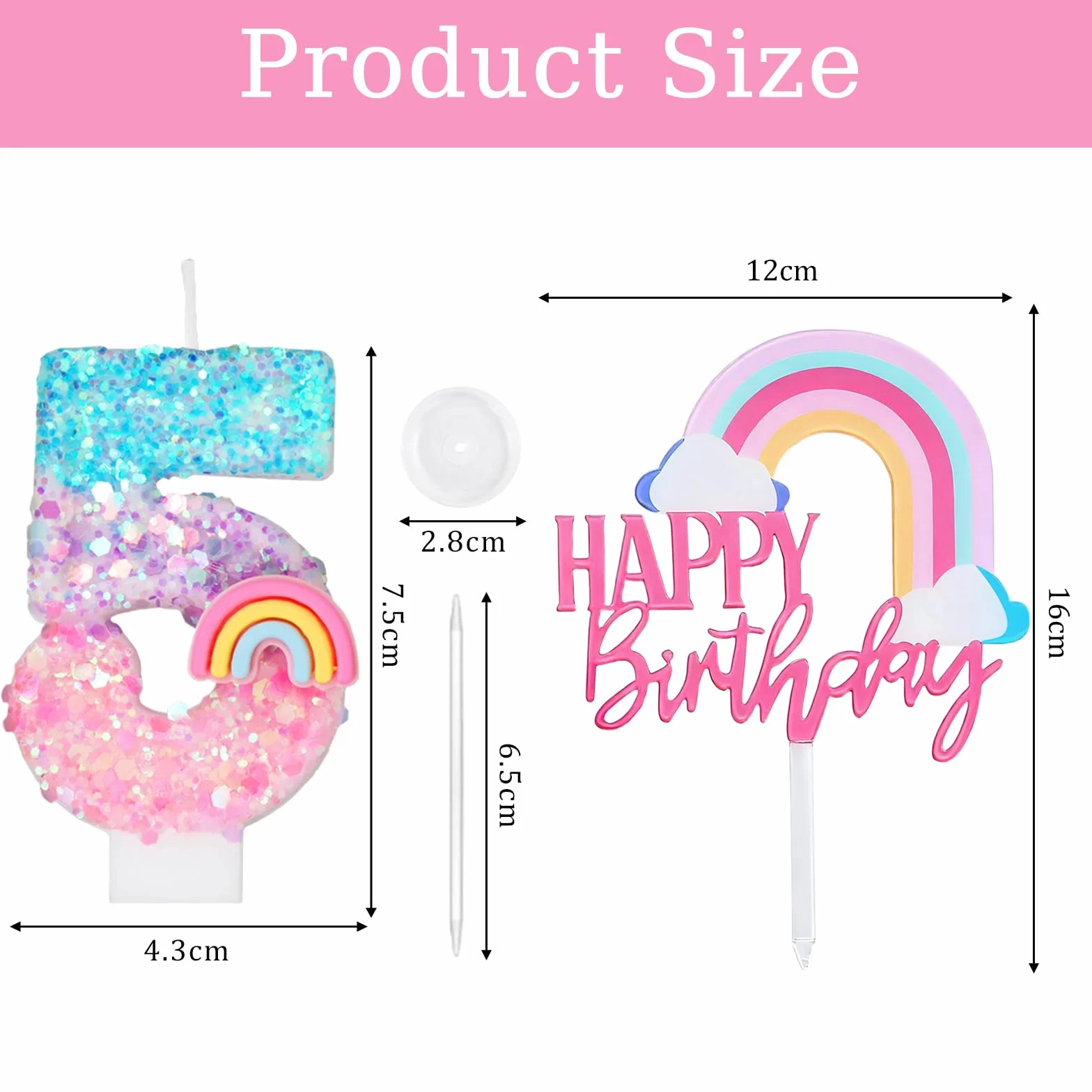Bougies d'anniversaire Arc-en-ciel 5 Ans 3D Chiffre Fille Décoration Gâteau Enfants