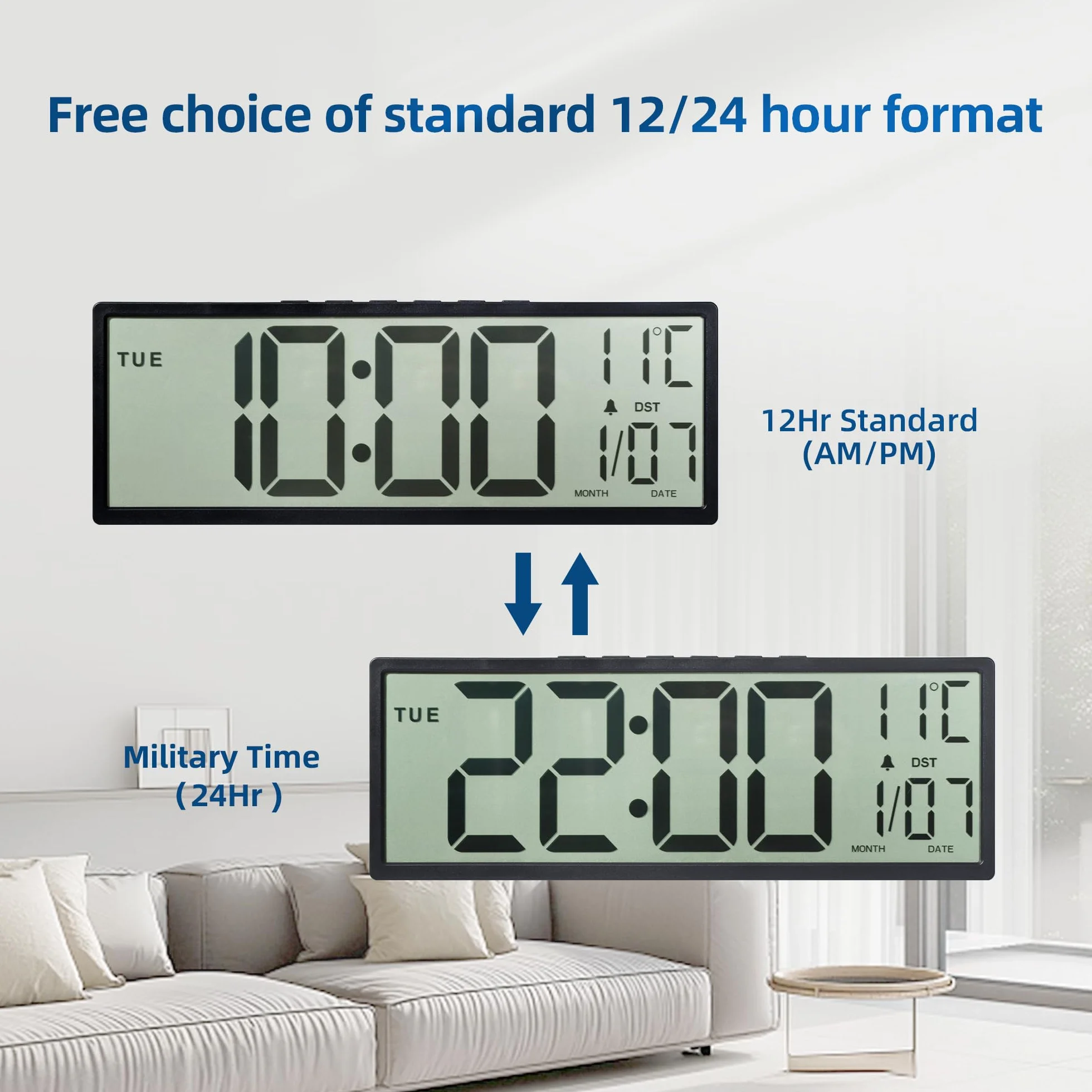 Maxstar Grande Horloge Murale Numérique 15" Grand Écran LCD Chiffres Géants Piles Auto DST Température Date