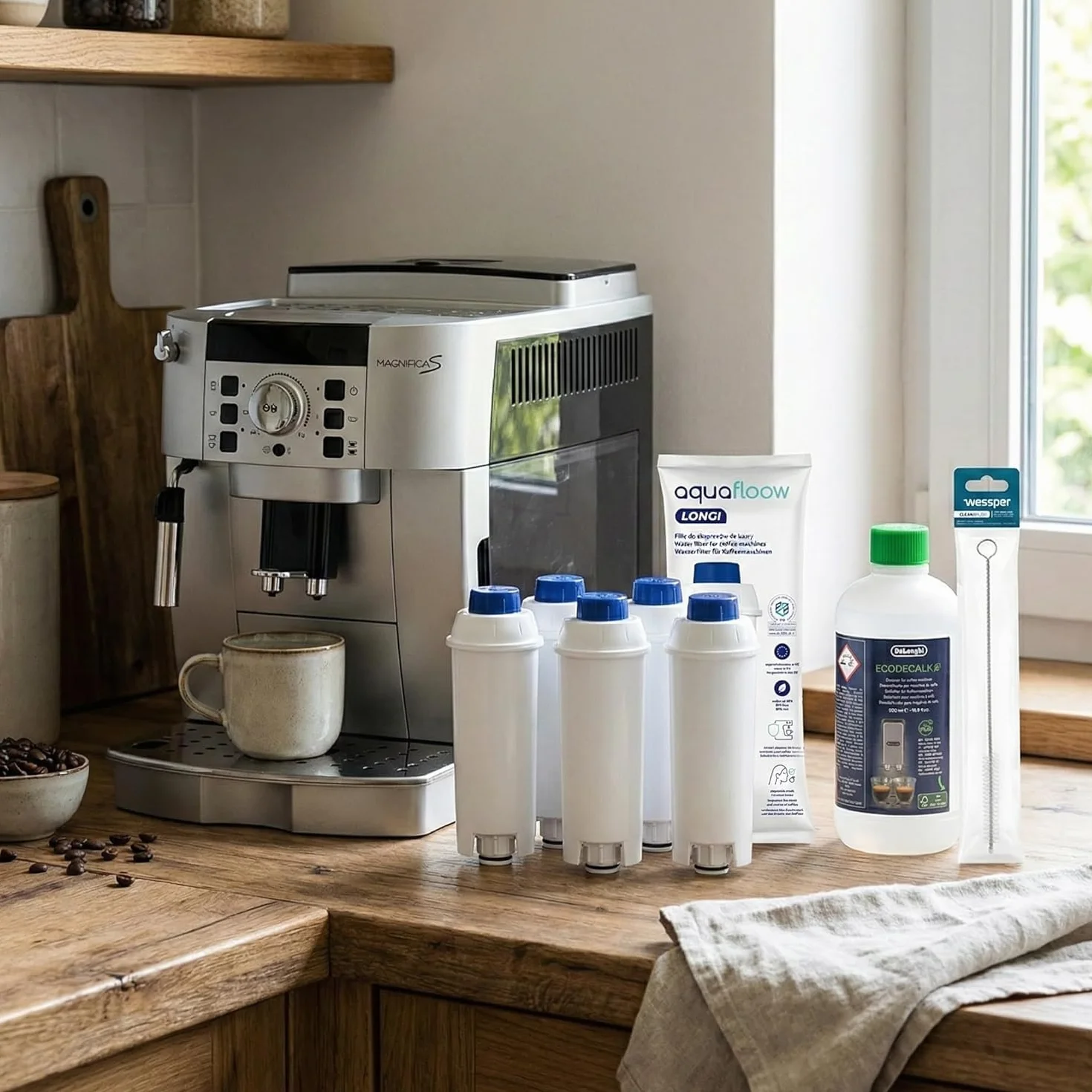 Aquafloow Filtre à eau compatible DeLonghi DLSC002 Détartrant EcoDecalk 500ml Kit entretien machine à café Magnifica S Evo Dinamica brosse nettoyage