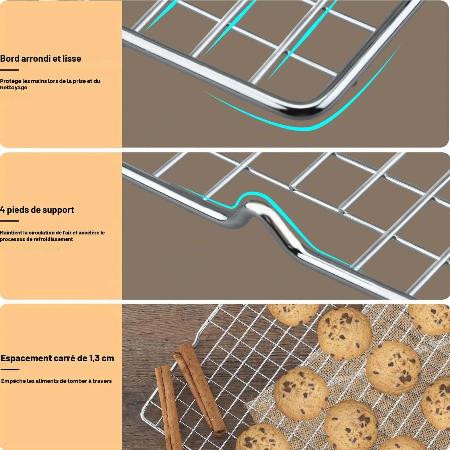 Set de 3 grilles de refroidissement en acier inoxydable 40,2 cm x 25 cm