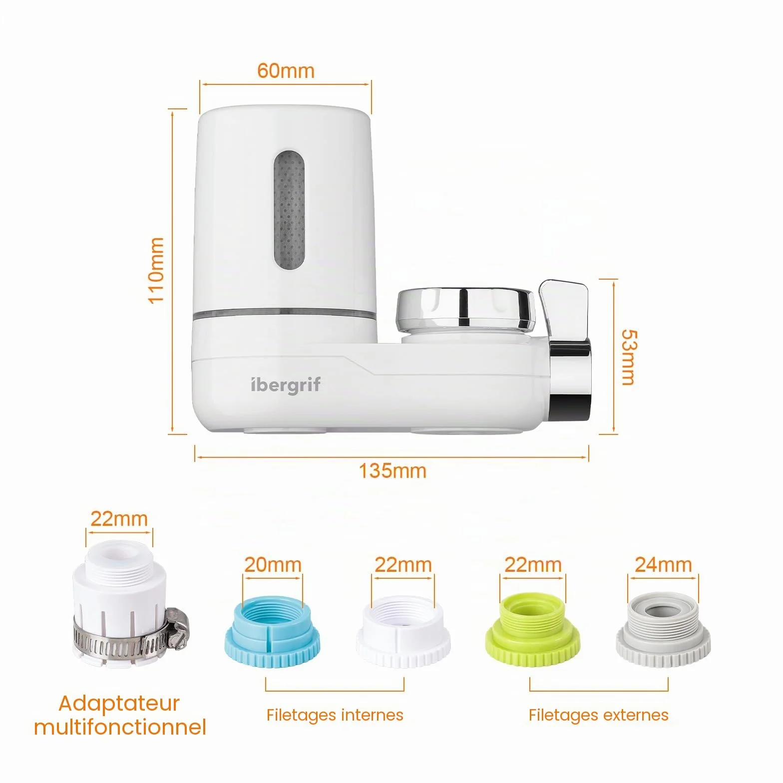 Ibergrif Système de Filtration sur Robinet, Filtre à Eau Cuisine avec Charbon Actif, Réduit Chlore PFAS Sédiments, Installation Sans Outils, Blanc