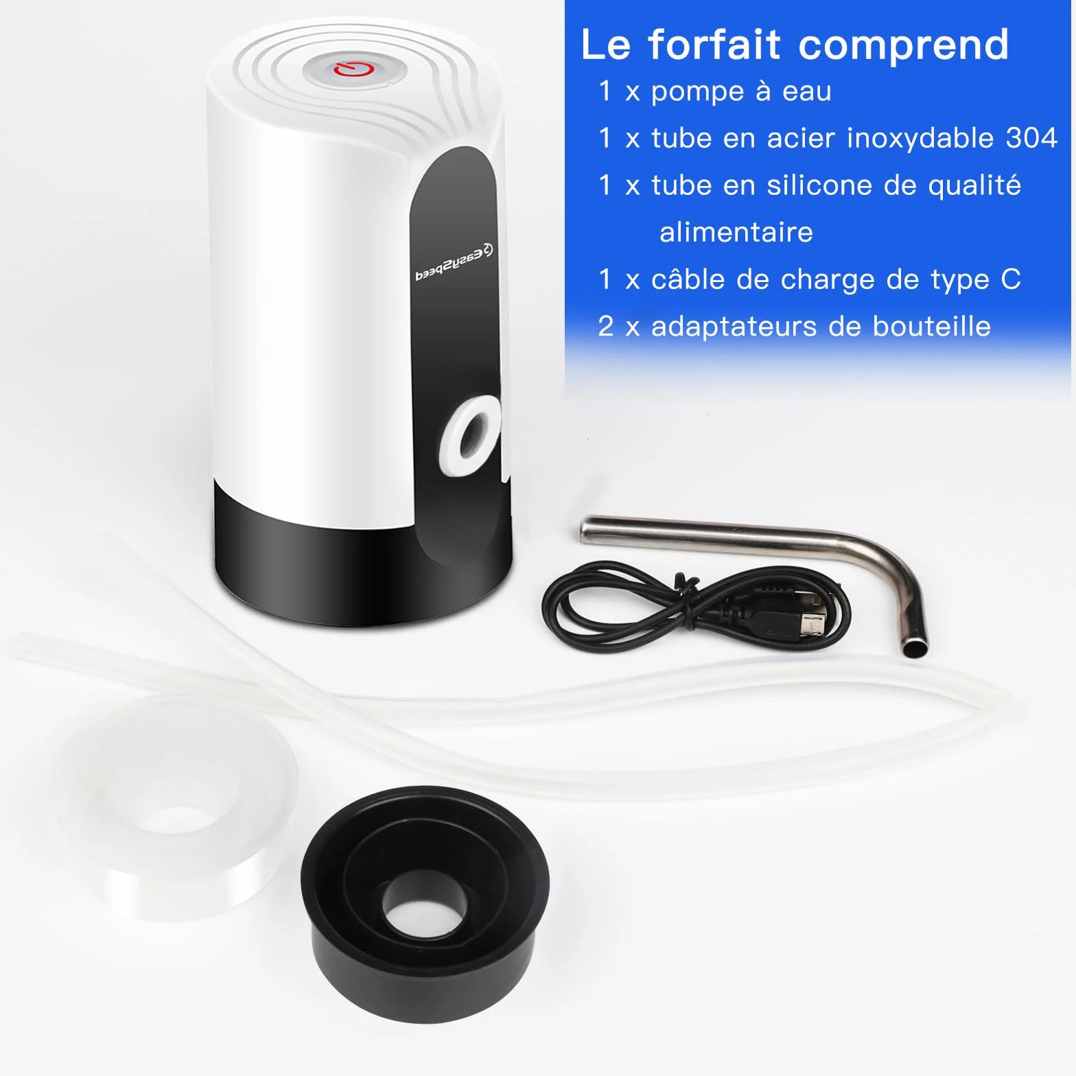 EASYSPEED Distributeur Eau Portable Rechargeable USB avec 2 Adaptateurs, Pompe Automatique pour Camping Maison Bureau Blanc