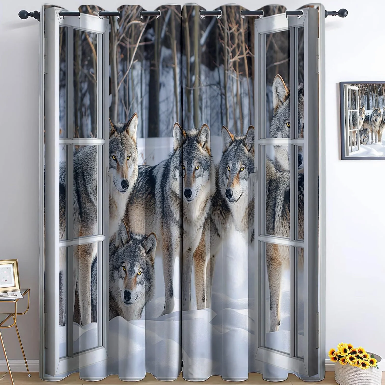Rideau Occultant Lot de 2 Thermique Isolant Anti Froid Chaleur Fenêtre 3D Animaux Neige Opaque Œillets Blanc Gris 85x200 cm