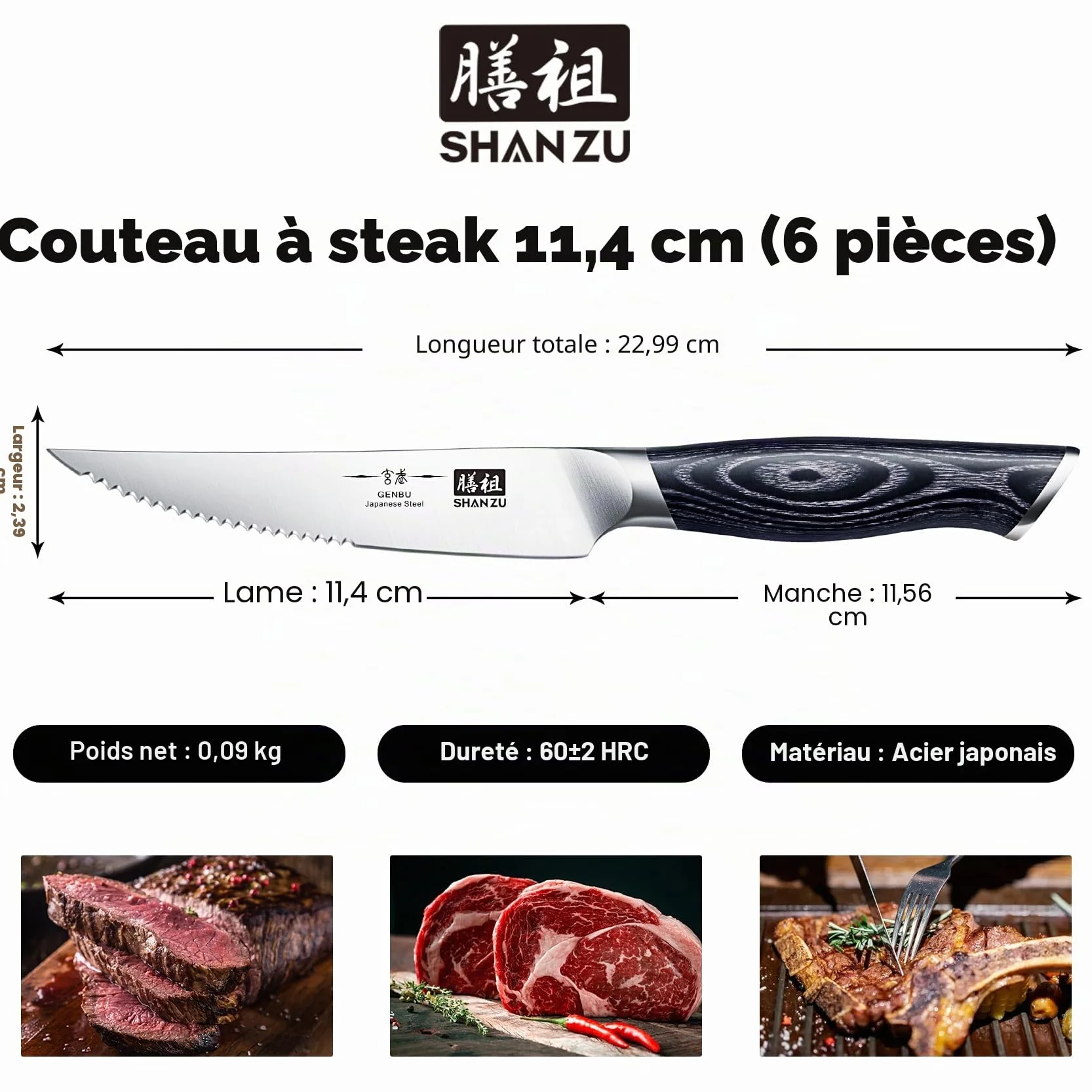 SHAN ZU Couteaux à Steak 6 Pièces, Set de Table, Lame Ultra-Fine Acier Inoxydable, Manche Bois K133 Série Genbu