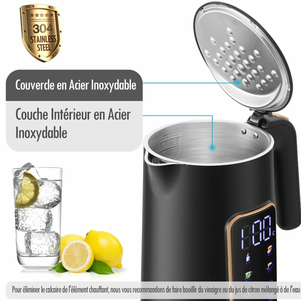 ForMe Bouilloire Electrique Inox 1,7L Contrôle de Température Réglable 40-100°C LED Affichage Maintien au Chaud