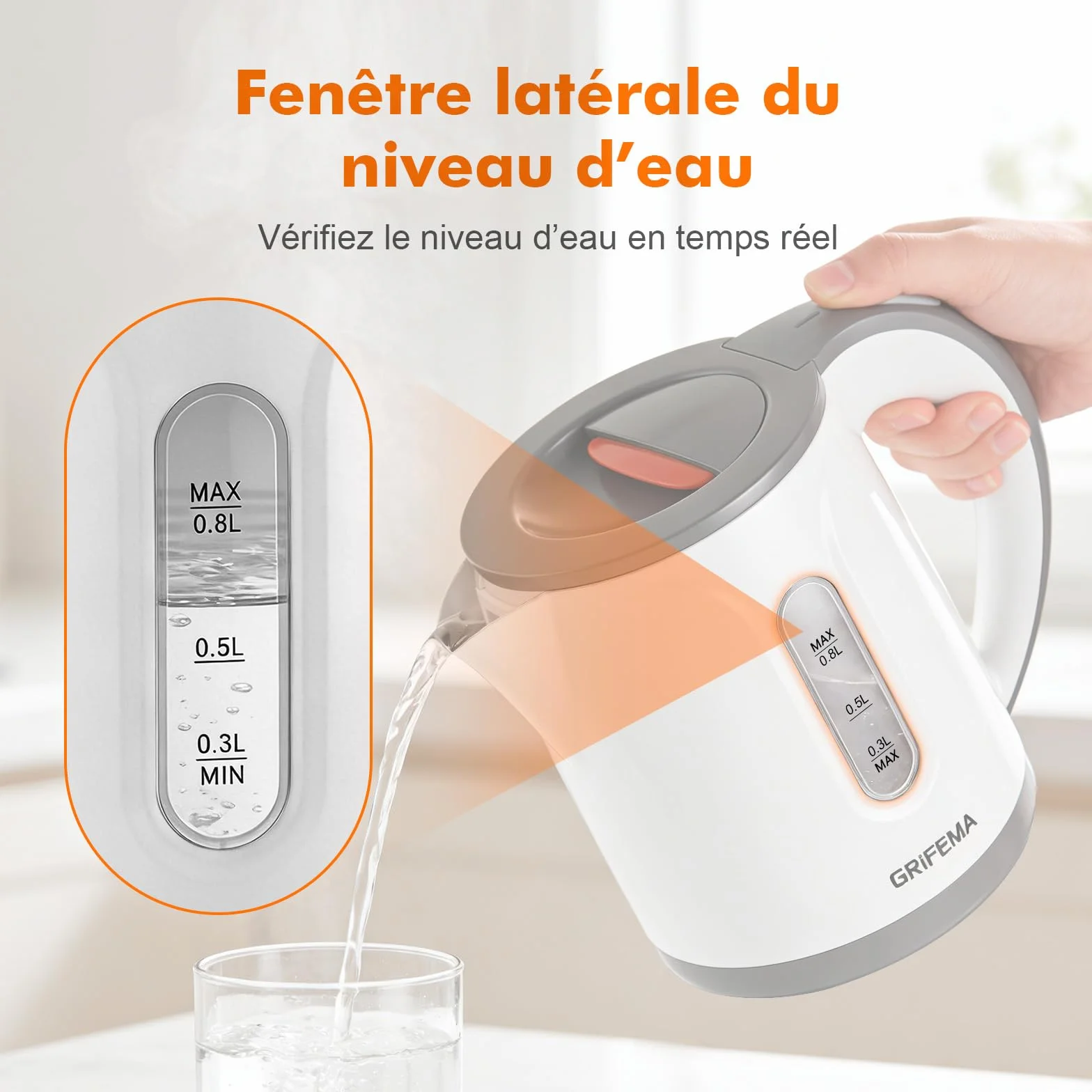 GRIFEMA GC1001 Bouilloire Électrique 0,8L 1100W Filtre Anti-Calcaire Amovible Arrêt Automatique