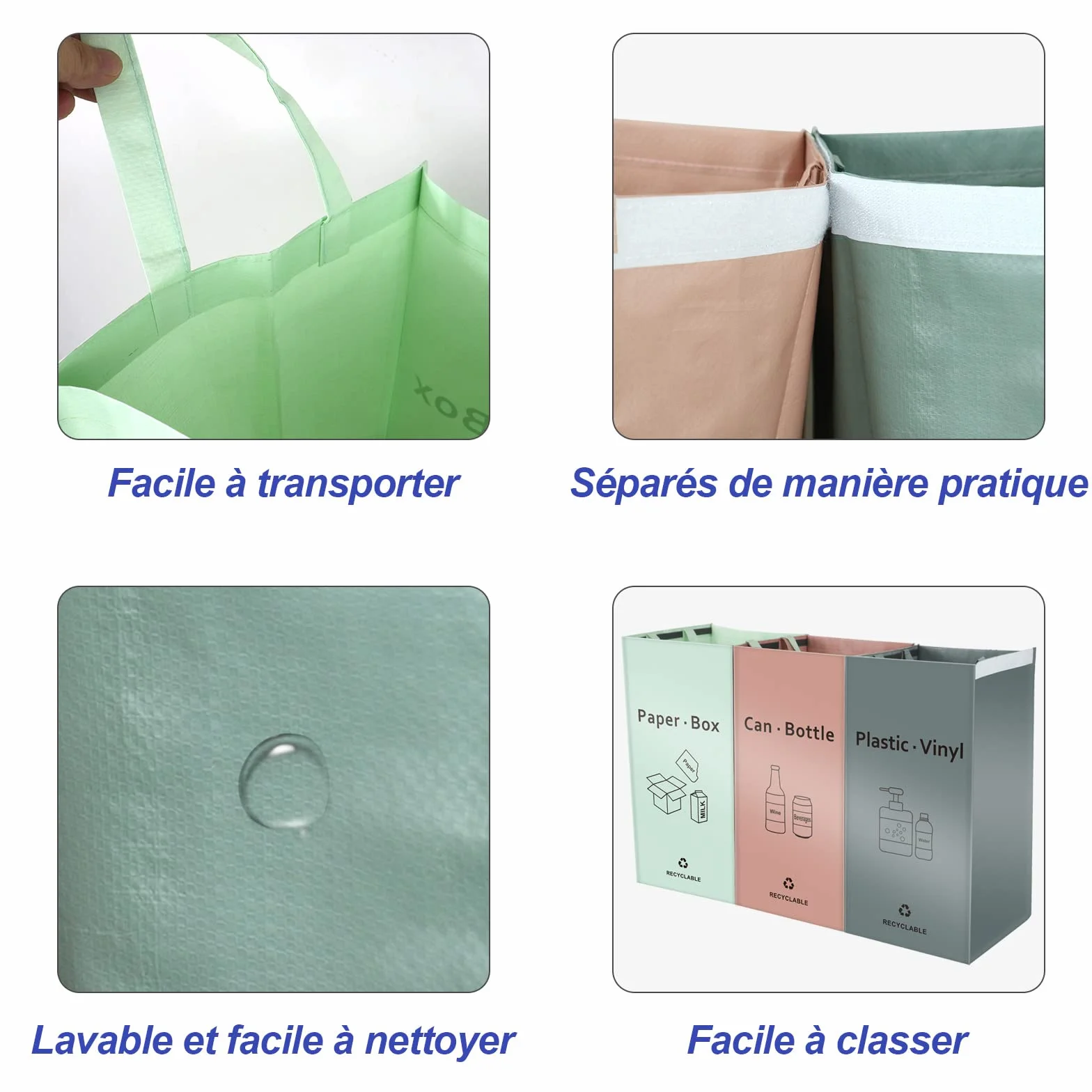 BOMEI PACK Lot de 3 Bacs de Déchets Trieur à Déchets pour Recyclage Rose Gris Vert Poubelle Extérieur Intérieur Papier Verre Plastique