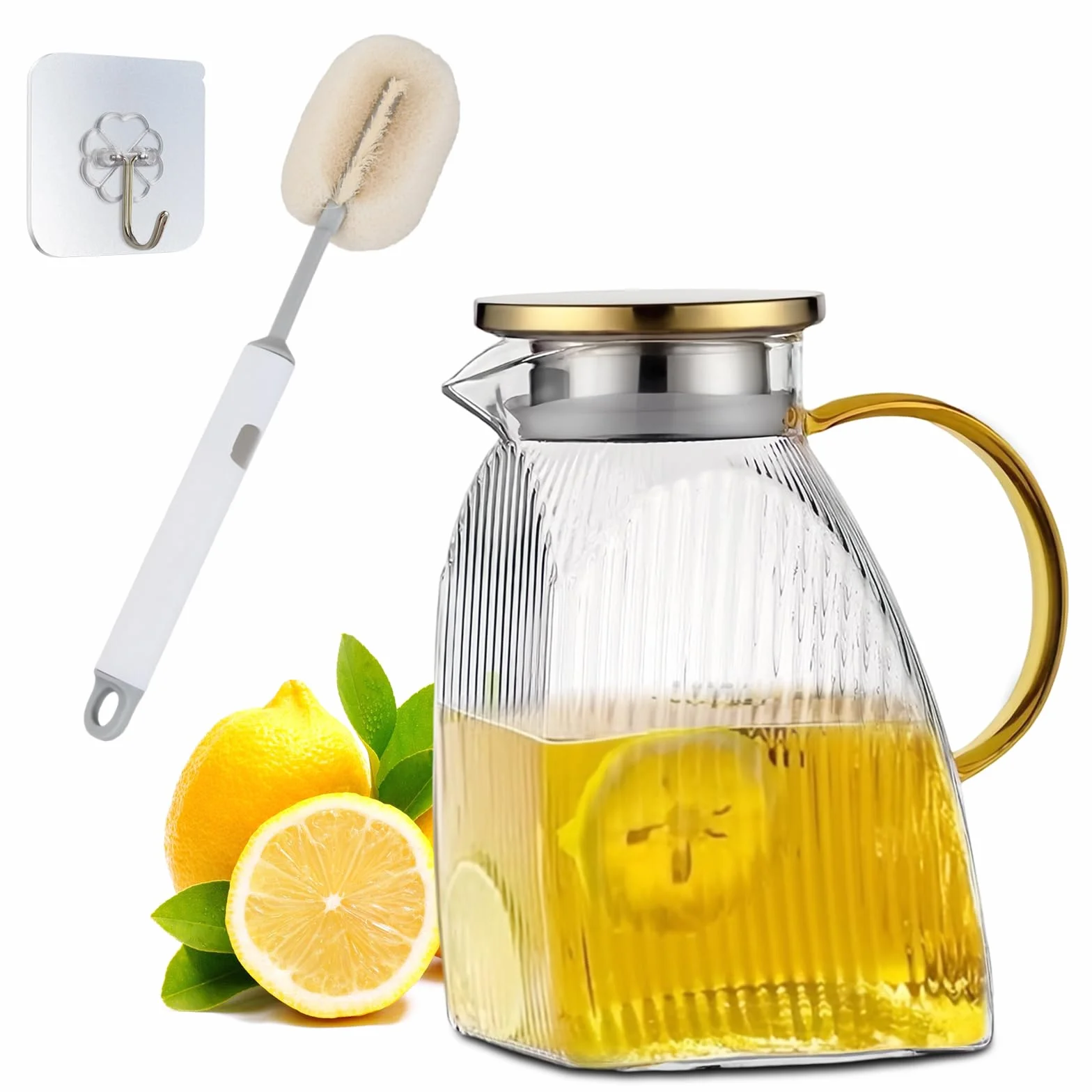 Pichet à Eau en Verre Borosilicate 1,8 L avec Couvercle et Anse, Carafe pour Boissons Chaudes & Froides