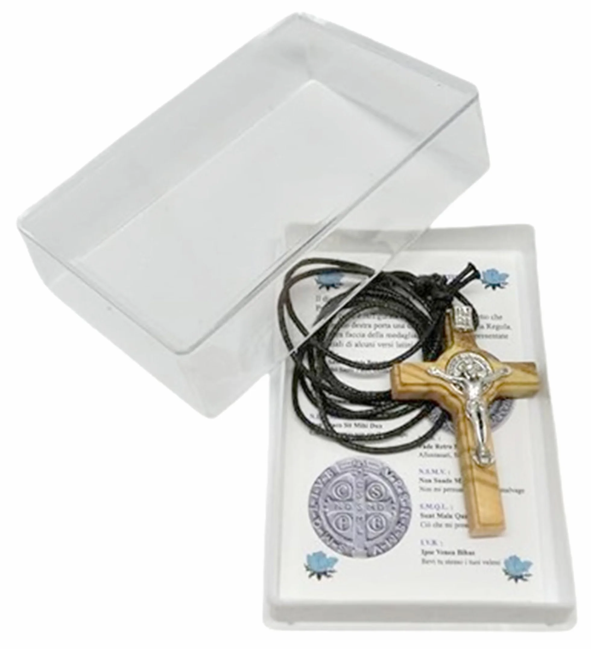 Croix Saint Benoît en bois d'olivier 4,5 cm avec collier lacet et boîte cadeau GTBITALY