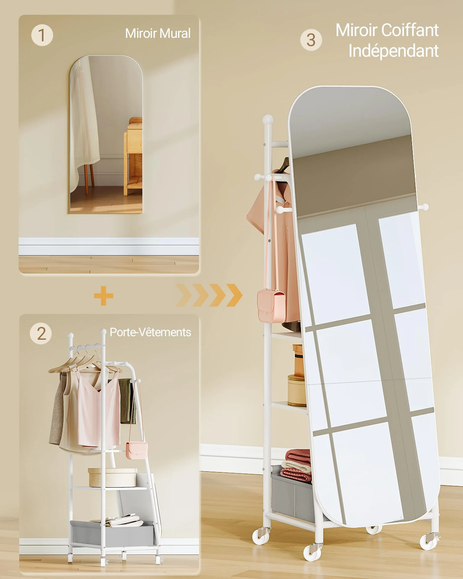 Miroir sur pied avec Porte-Manteau 50x165,8 cm Roues Pivotantes 360° Blanc
