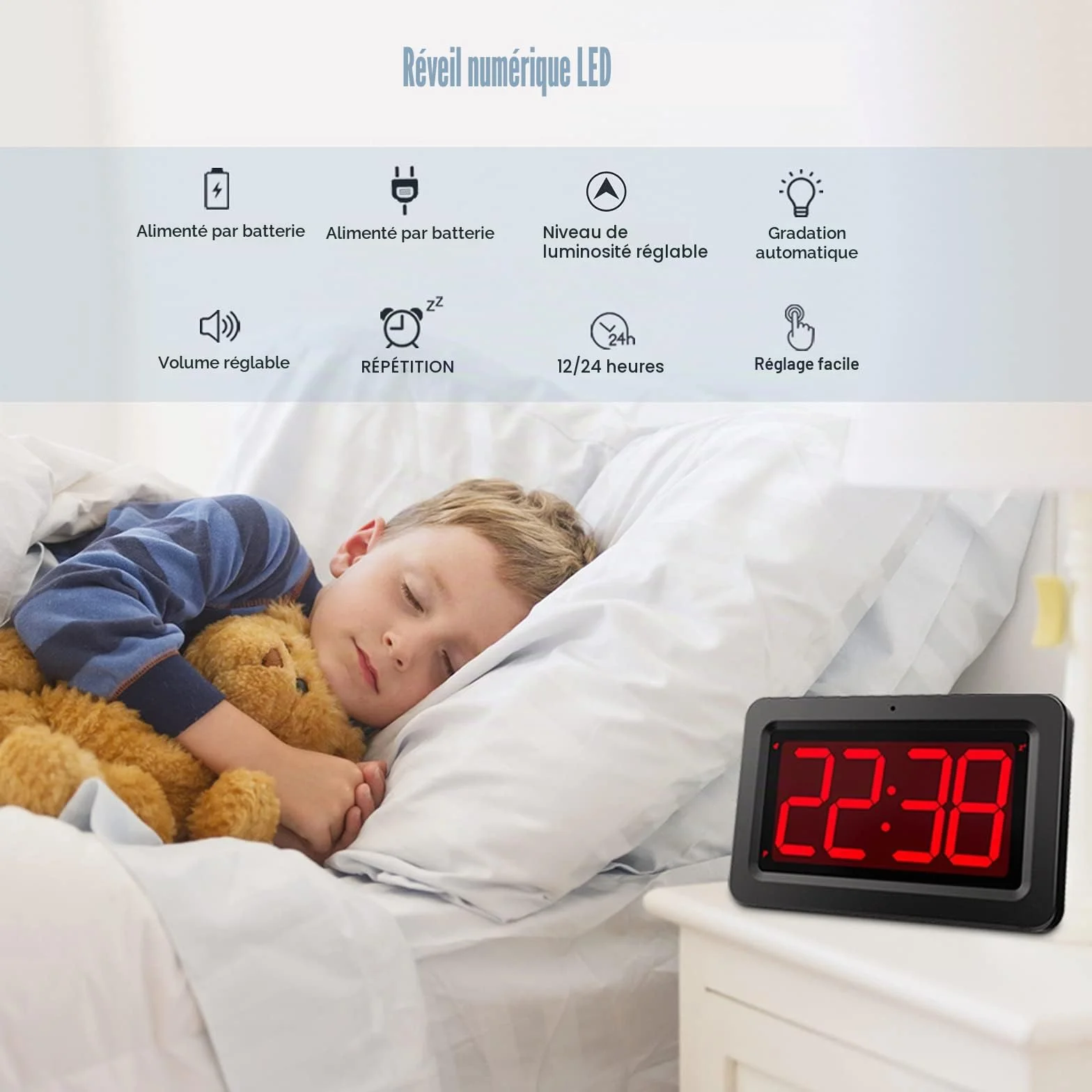 Horloge Murale LED Affichage Numérique Rouge 21,5 x 14 x 4,5 cm Alimentée par Batterie ou Adaptateur Réveil Lumineux