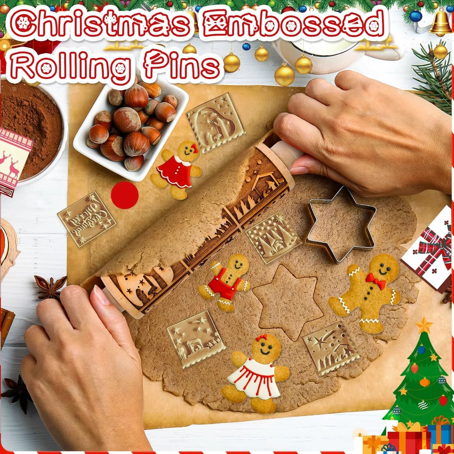 Rouleau à pâtisserie en bois 3D 35 cm motif fleurs de Noël