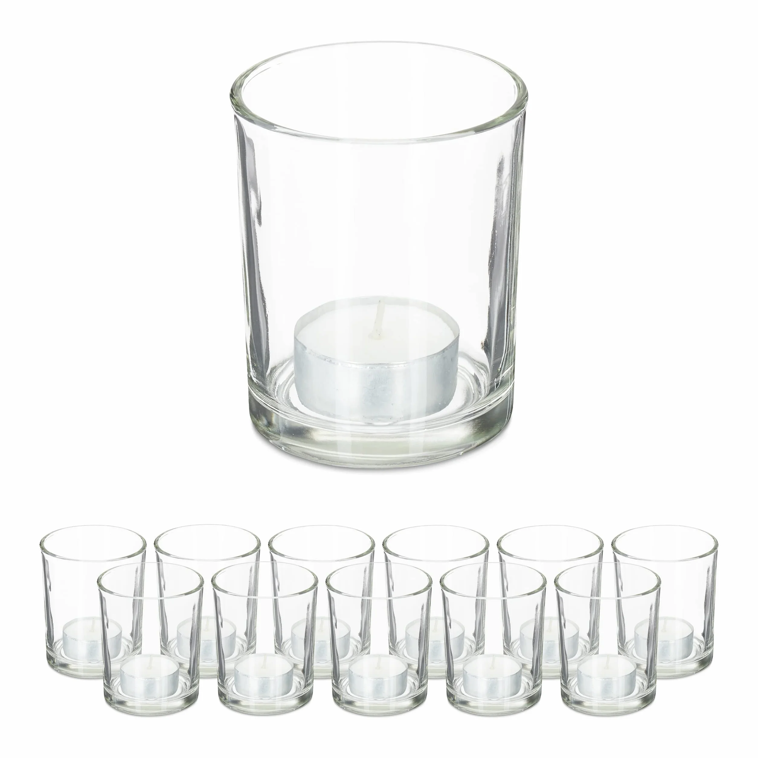 Relaxdays Lot de 12 Photophores en Verre pour Bougies Chauffe-Plat, H x D : 8,5 x 7 cm, Transparent