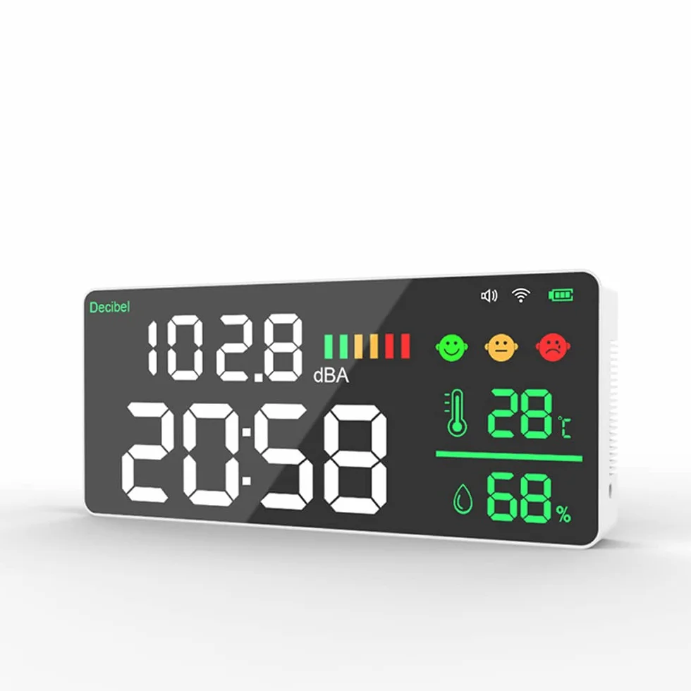 Décibelmètre Sonomètre WiFi 4 en 1, Test de bruit Température Humidité, Réveil, Écran LED 11 pouces
