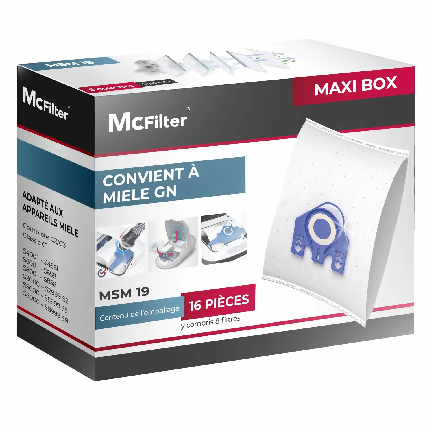 McFilter 16 sacs à poussière compatibles Miele série GN S2 S4 S5 S6 S8 Complete C2/C3 Classic C1 8 filtres inclus MAXI BOX