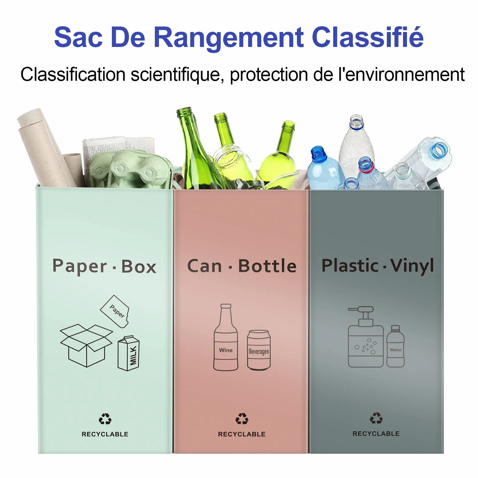 BOMEI PACK Lot de 3 Bacs de Déchets Trieur à Déchets pour Recyclage Rose Gris Vert Poubelle Extérieur Intérieur Papier Verre Plastique