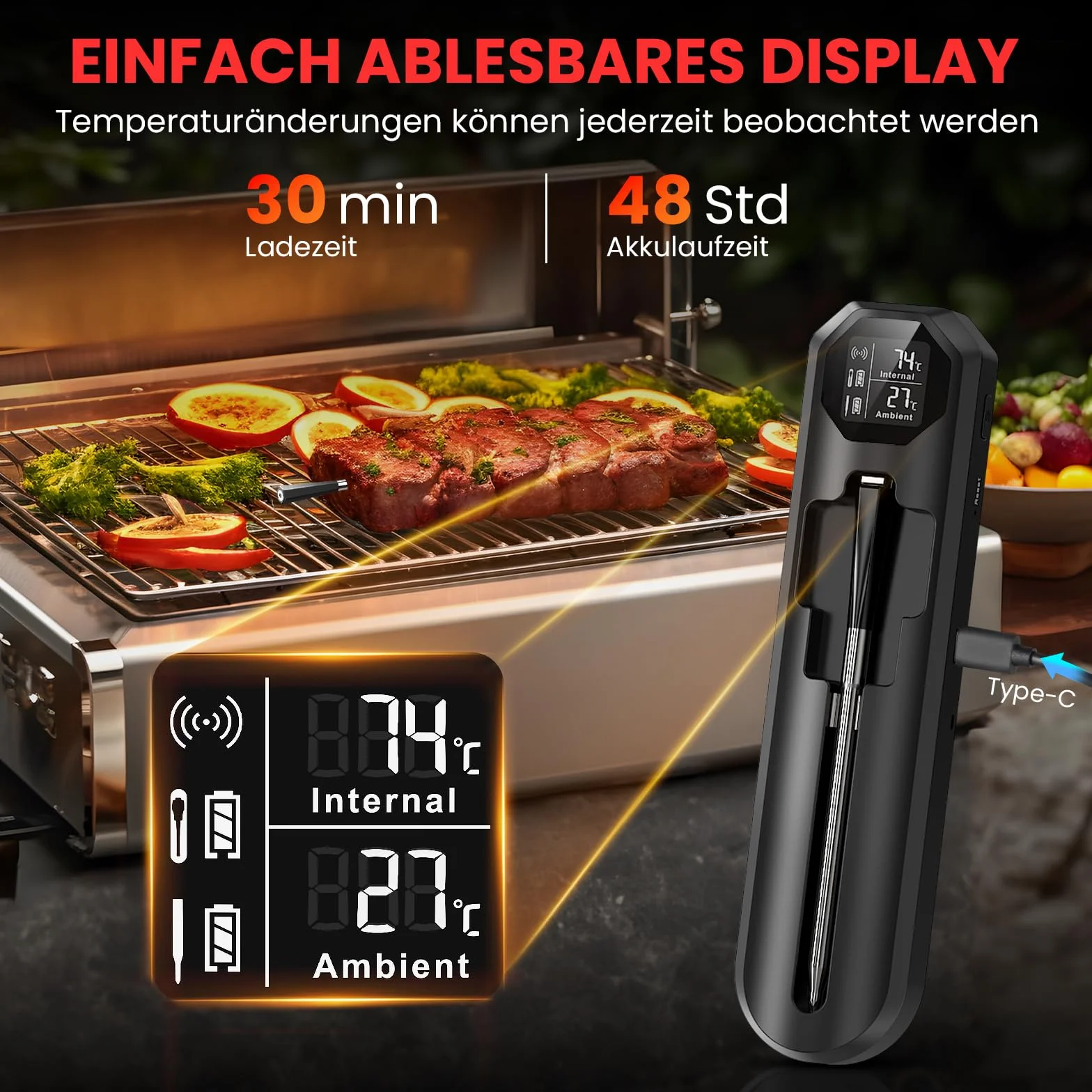 Thermomètre Cuisine Sans Fil Double Capteur avec App 150m Sonde Bluetooth Minuterie Alarme BBQ Grill Fumoir Four Sous Vide