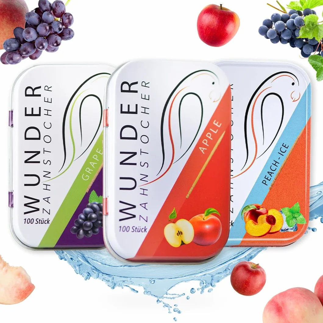 Wunder Cure Cure-dents aromatisés en bois de bouleau Juicy Pack 3 x 100 boîte métallique sans sucre