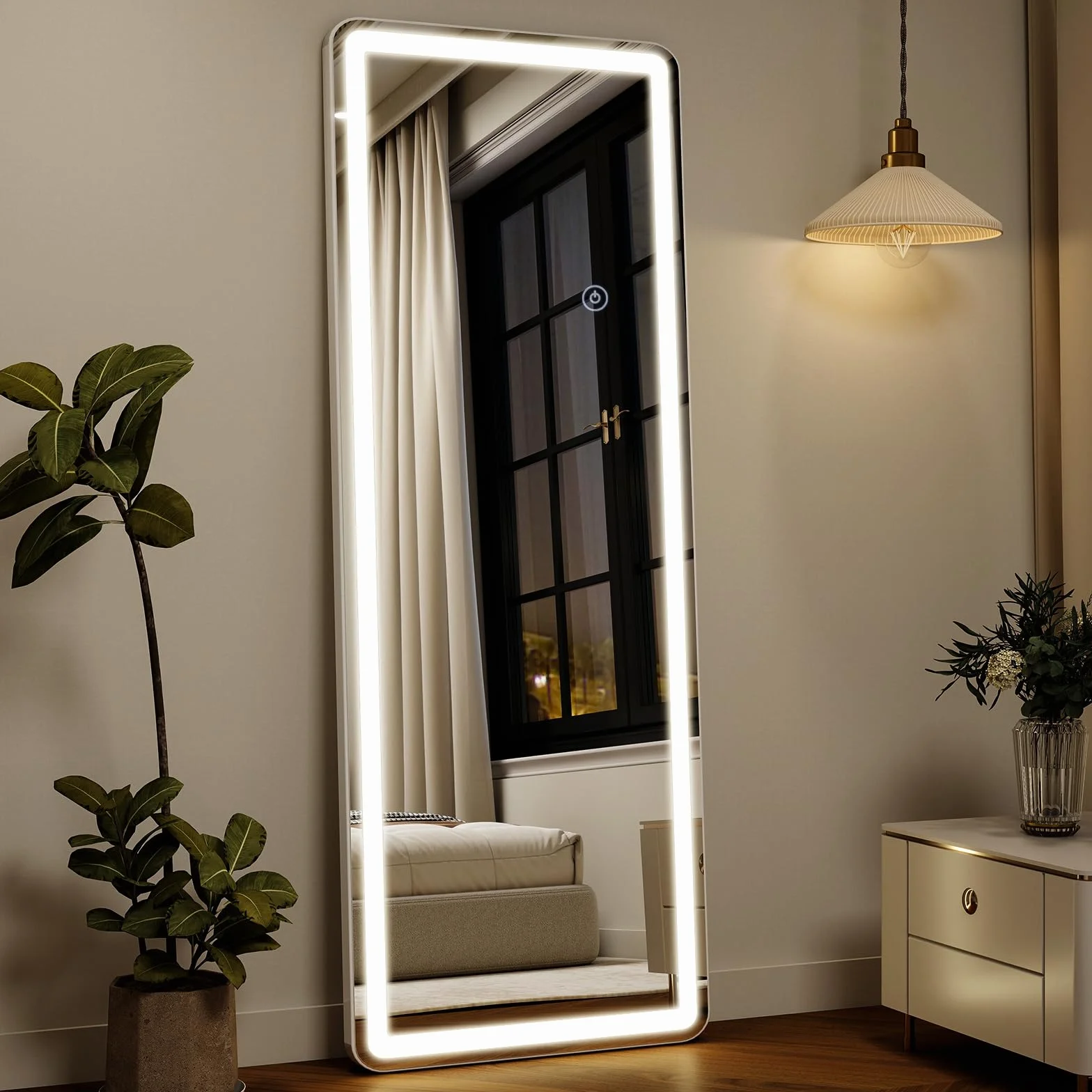 Miroir Pleine Longueur 164 x 60 cm avec éclairage LED, Verre de sécurité, Variateur d'intensité, Miroir sur Pied
