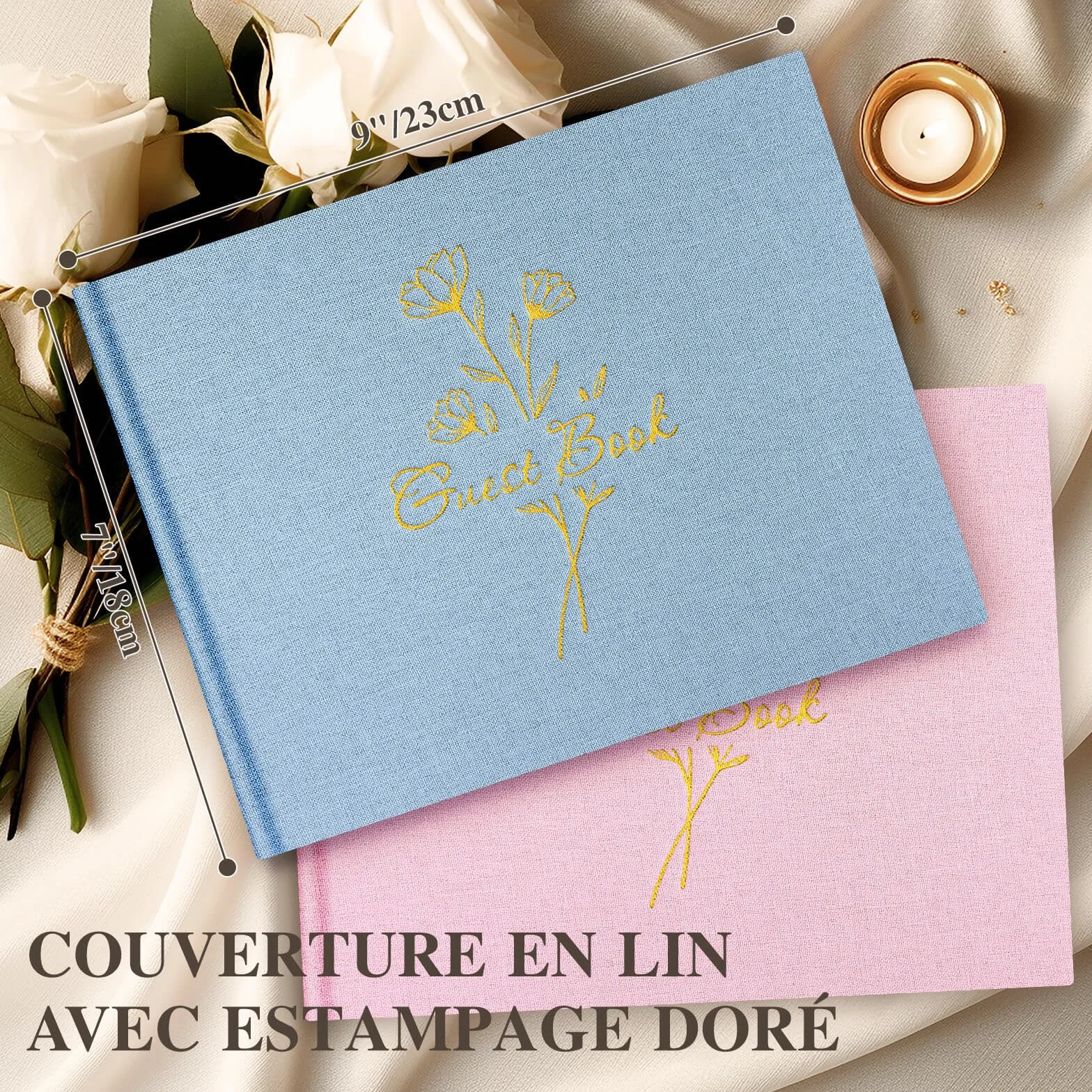 Livre d'or Mariage en Lin 108 Pages Vierges pour Anniversaire, EVJF, Noces, Baptêmes, Baby shower, Pacs (Bleu)