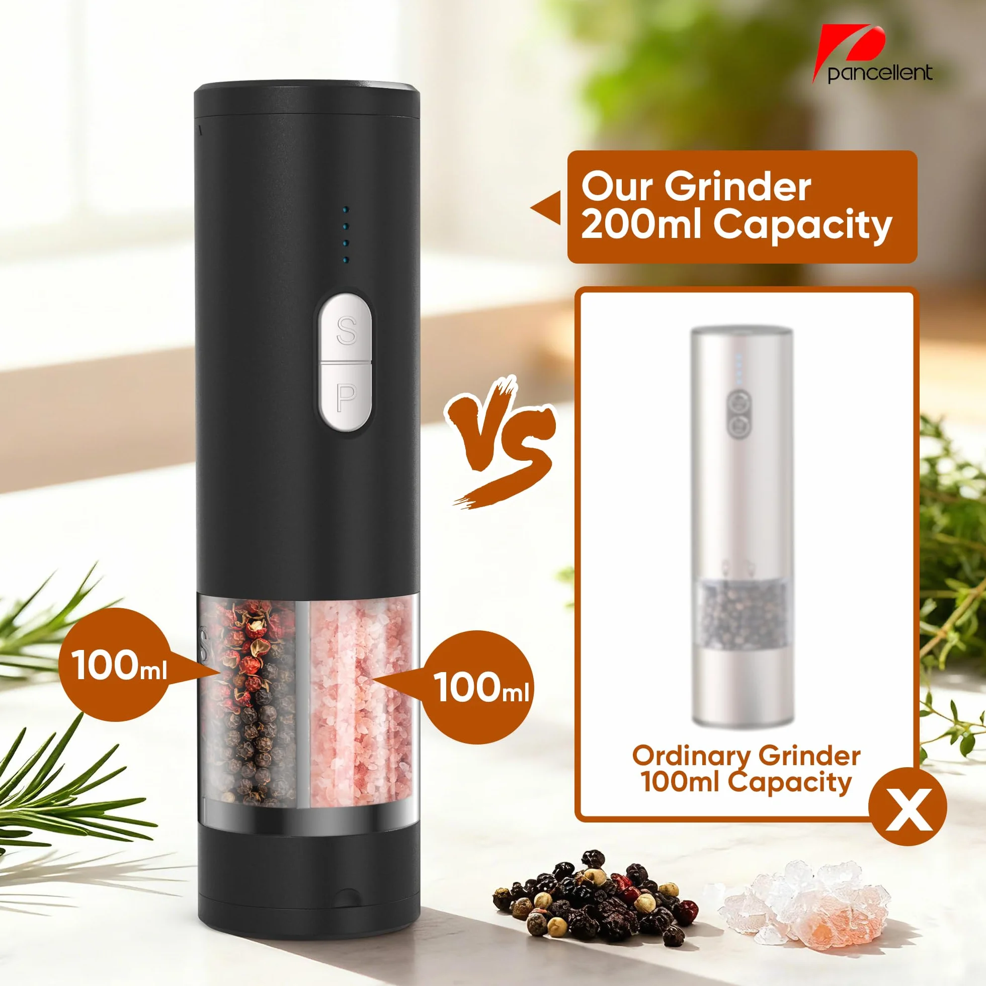 Moulin à poivre et sel électrique 2 en 1 rechargeable USB, automatique avec éclairage LED, réglable
