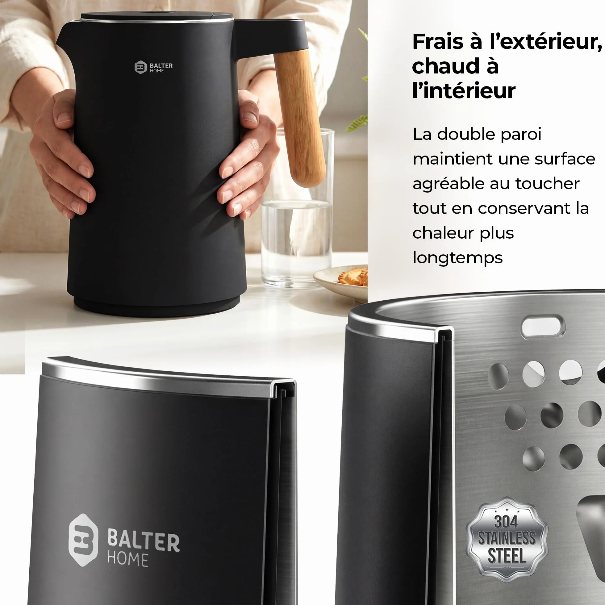 BALTER Bouilloire électrique inox 1,5 L température réglable 45-100°C double paroi sans BPA