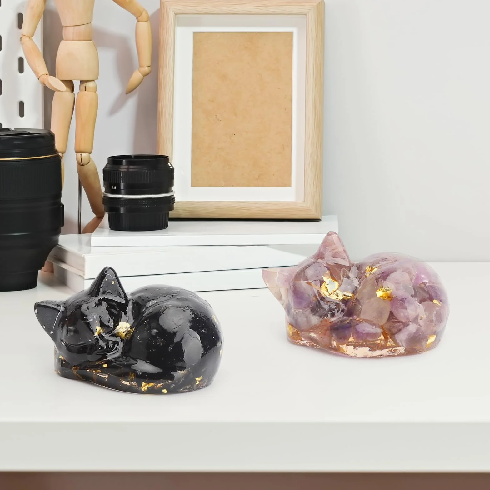 Figurine Chat endormi Cristal d'améthyste Statue Pierre sculptée Porte-Bonheur Chat Noir Décoration