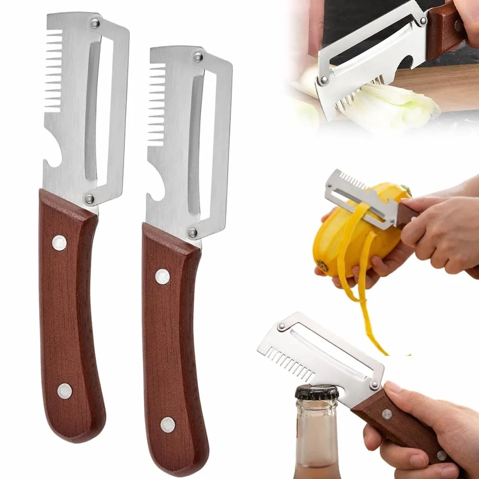 Éplucheur 3-en-1 Acier Inoxydable Manche en Bois – Coupe-Légumes Julienne et Décapsuleur, Économe Ergonomique (2 PCS)