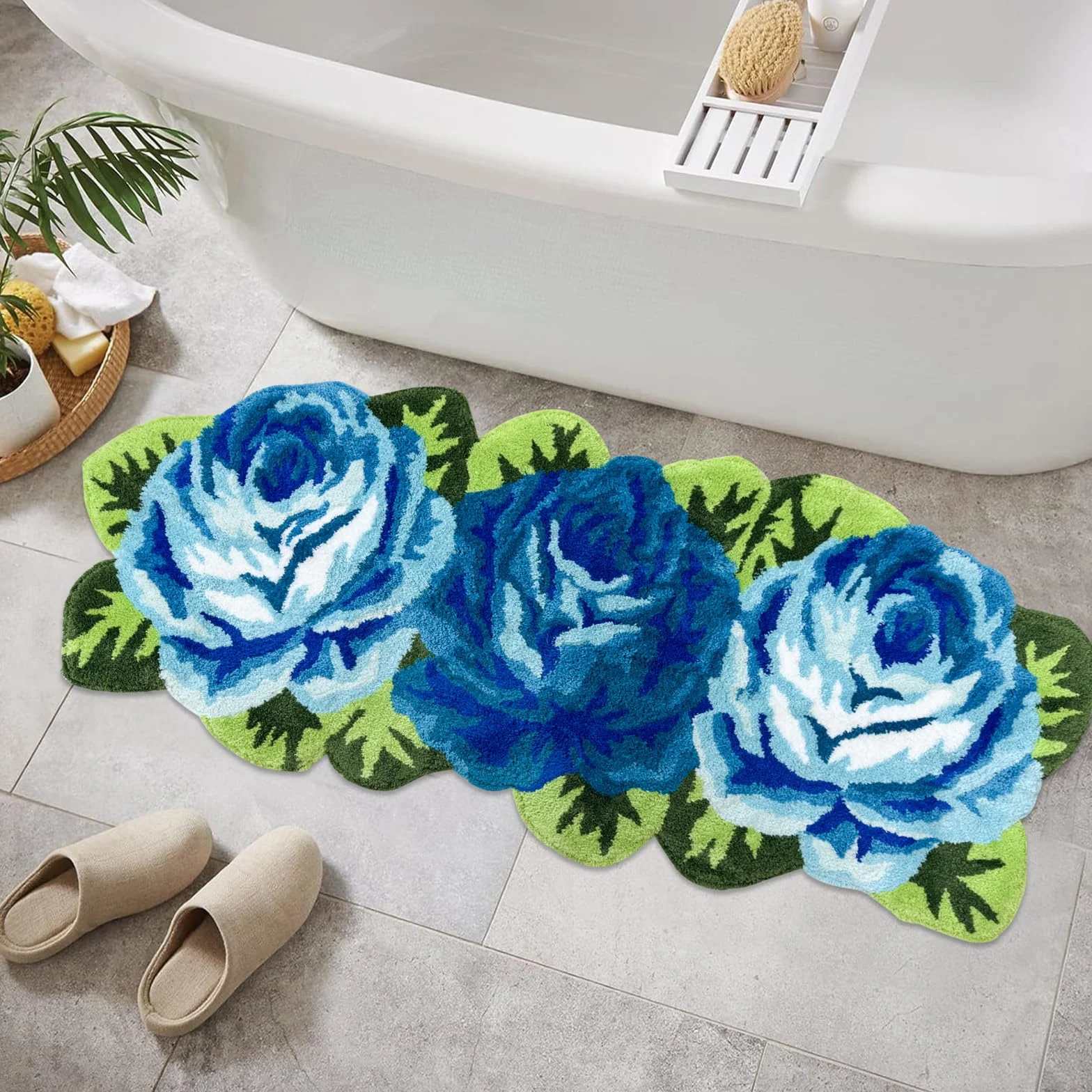 Tapis de sol fait à la main 3 roses bleues 65 x 125 cm