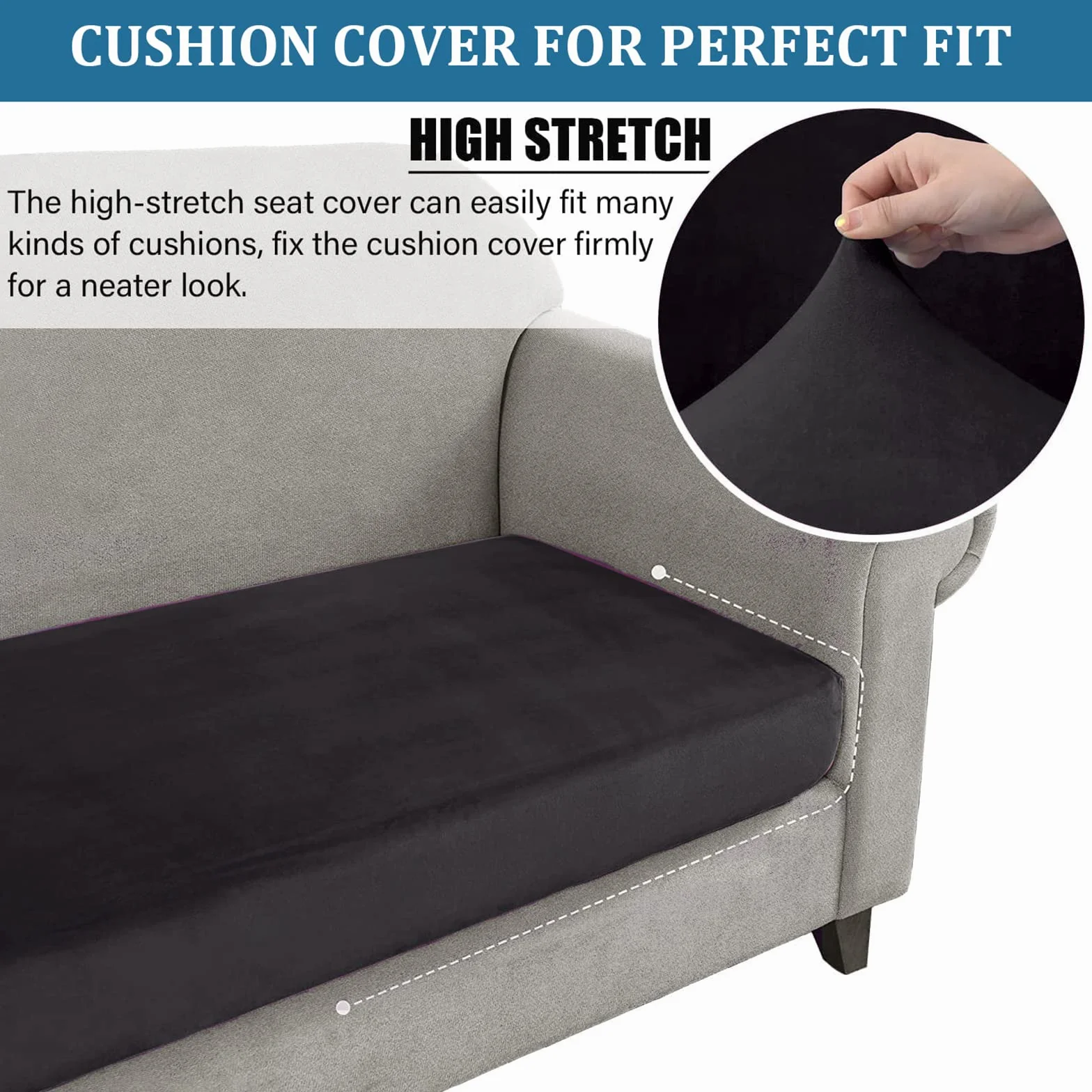 Housses de Coussin de Canapé en Velours Extensible, Remplacement pour Coussin Individuel (Grand 1 Place, Noir)