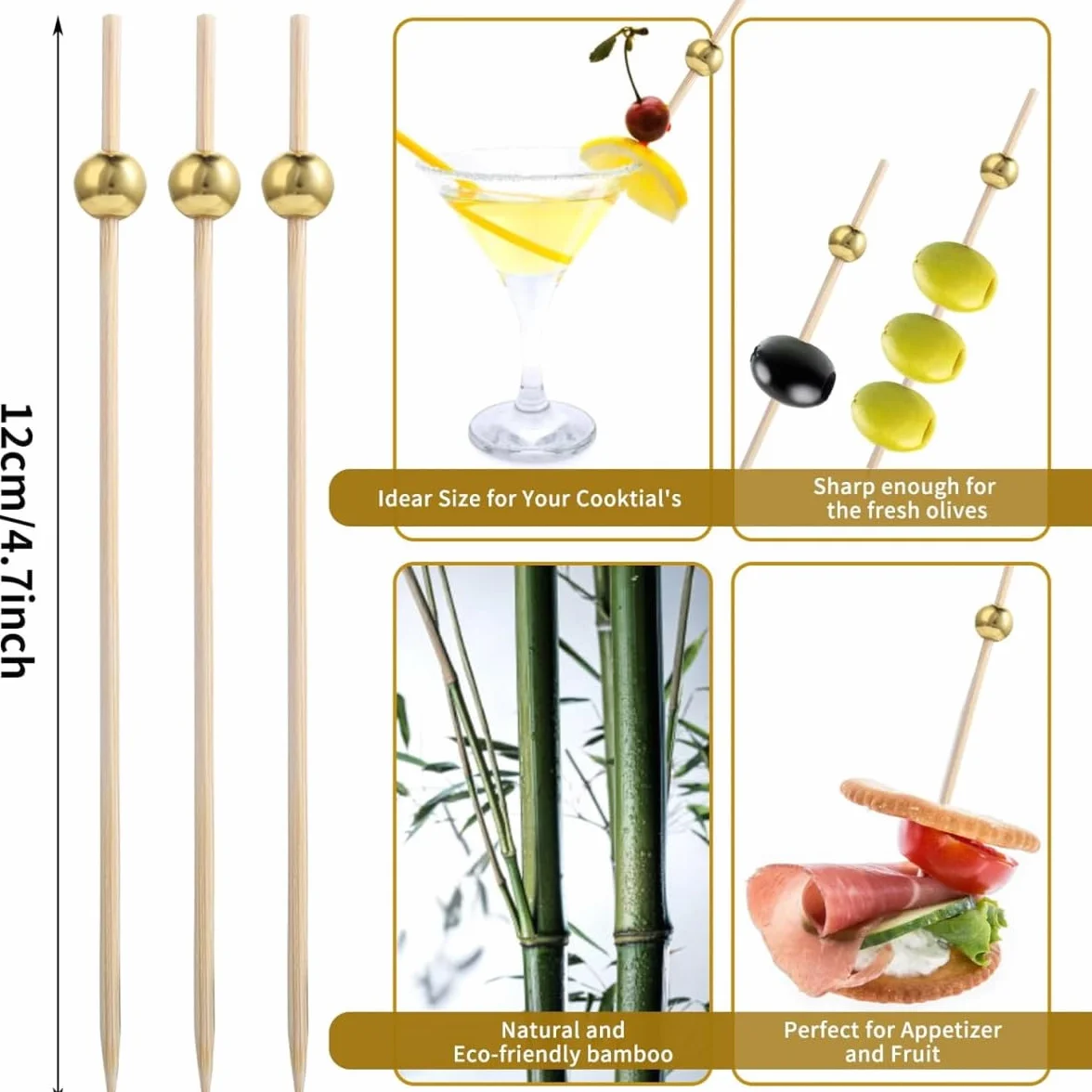 Pic à Cocktail en Bambou 12 cm Perle Dorée – Pics à Cocktail Cure Dents pour Apéritifs, Brochettes, Fêtes, Mariages