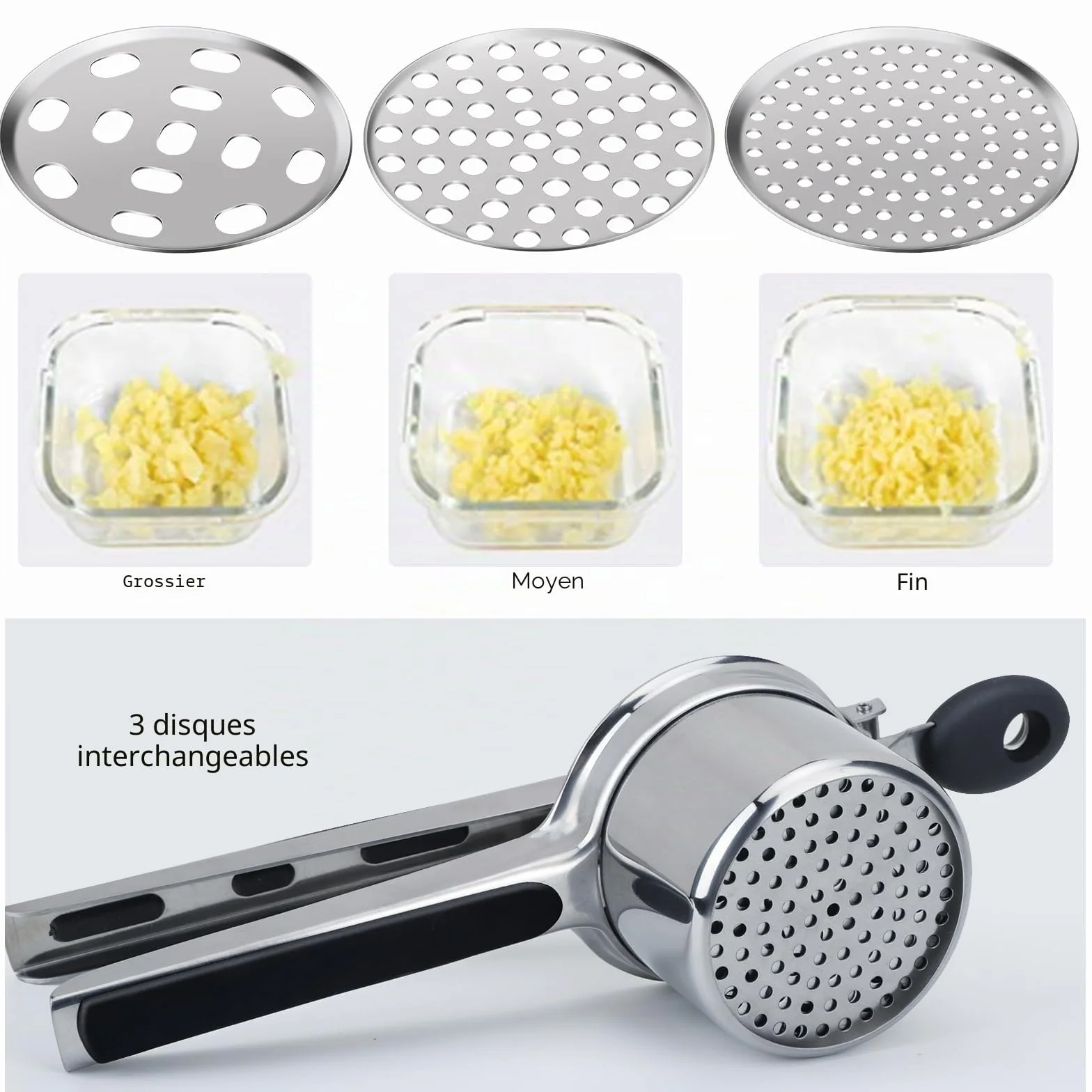 Presse-purée professionnel en acier inoxydable avec 3 filtres interchangeables