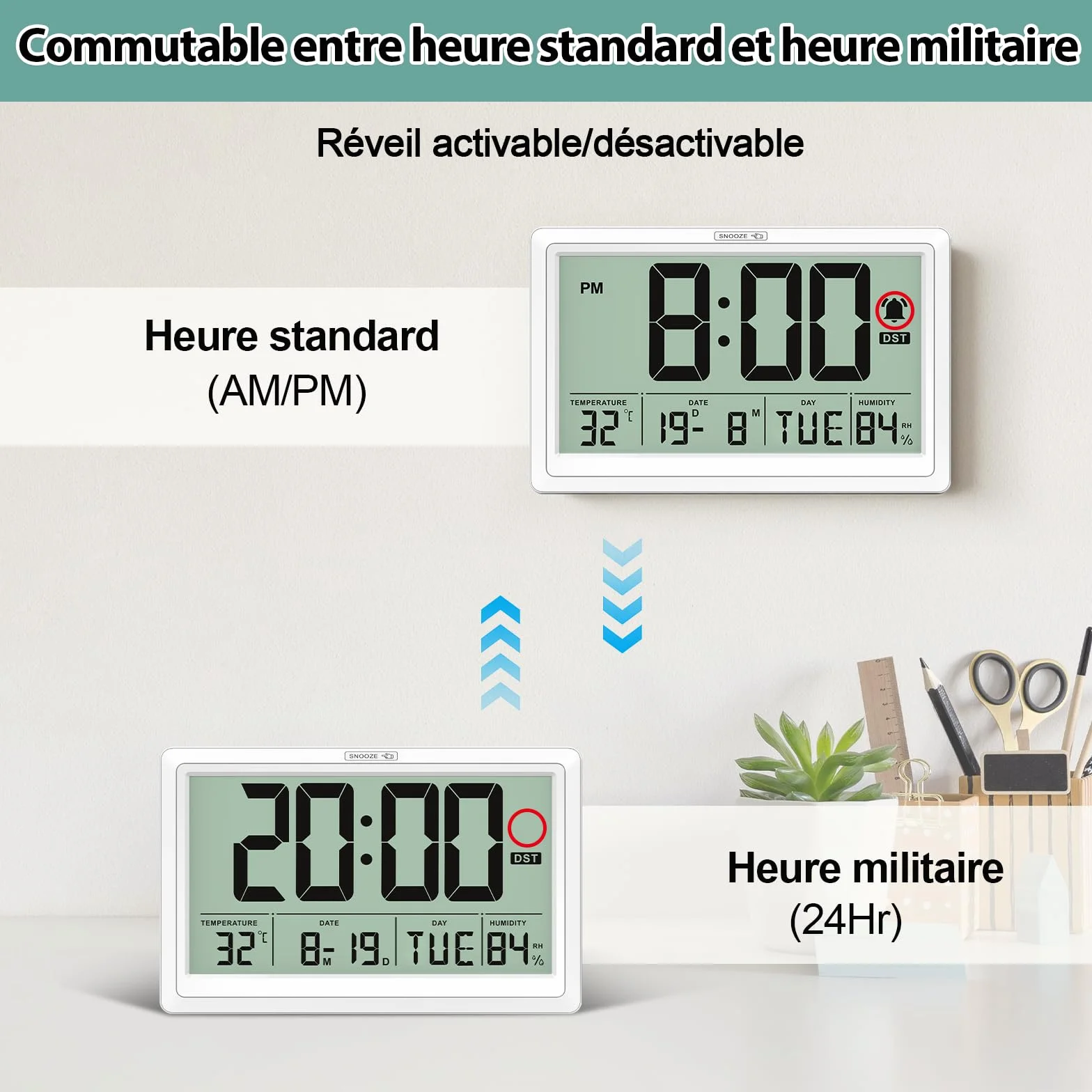 XREXS Horloge Murale Numérique 19,4 x 10,4 cm - Écran LCD HD, Réveil, Température & Humidité, 12/24h