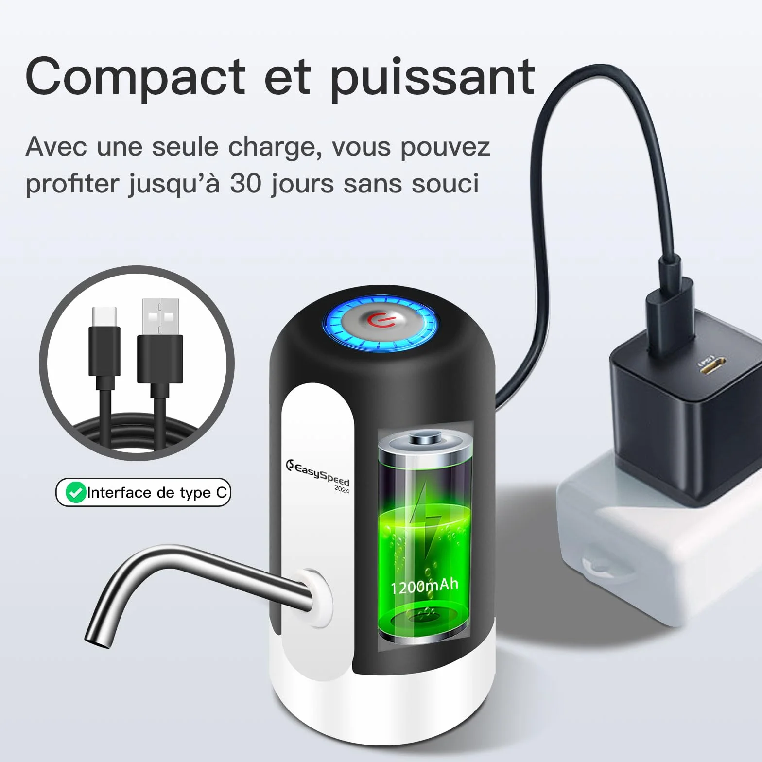 EASYSPEED Distributeur Eau Portable Rechargeable USB avec 2 Adaptateurs pour Camping Maison Bureau