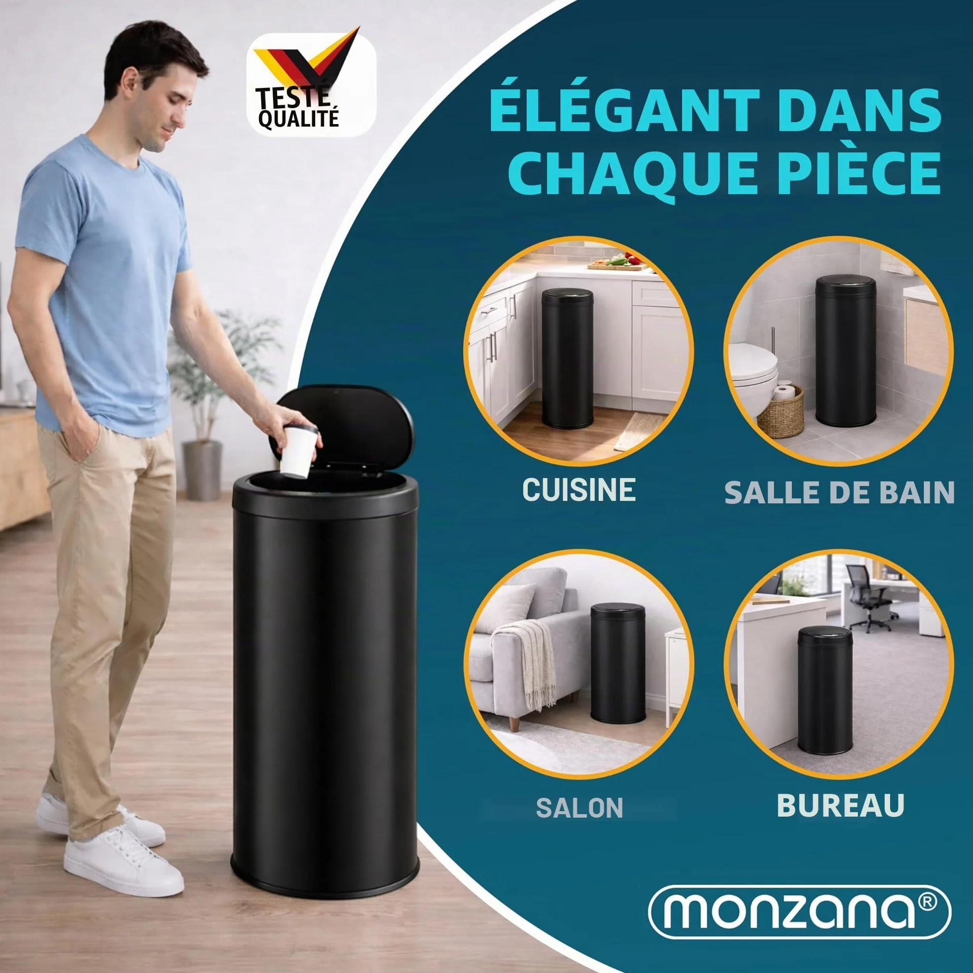 Poubelle automatique acier inoxydable 30L capteur mouvement imperméable sans contact LED USB noir