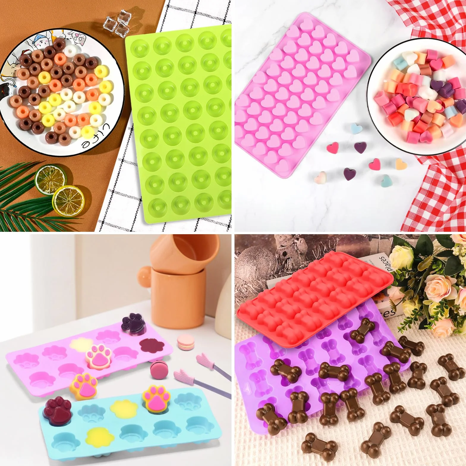 Tapis de Cuisson en Silicone Antiadhésif pour Friandises Maison Chien, Moule à Pepites Chocolat, avec Racloir et Pinceau Pâtisserie