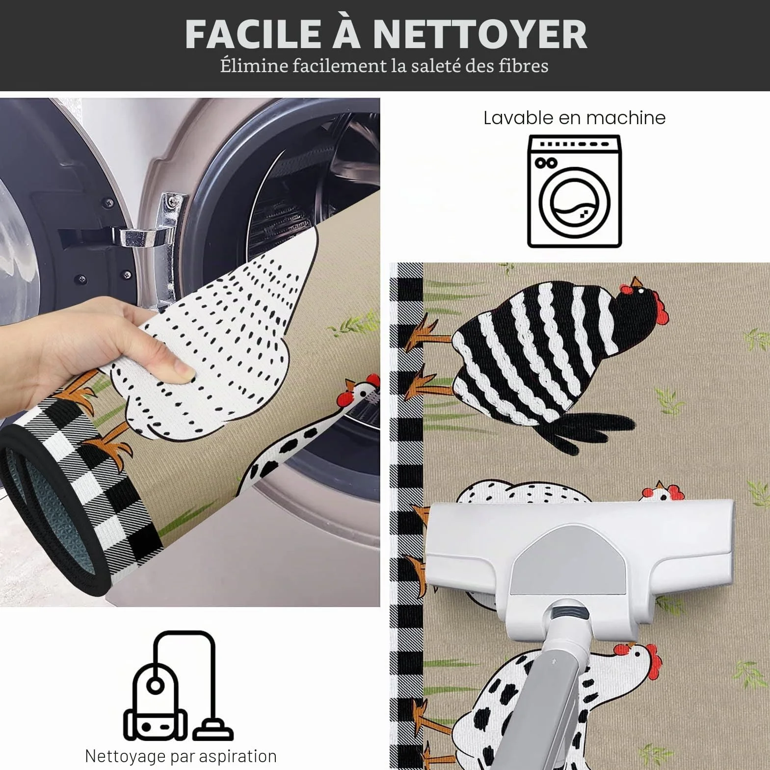 Lot de 2 tapis de cuisine antidérapants lavables motif coq 39,9x59,7 cm et 39,9x119,6 cm noir et blanc