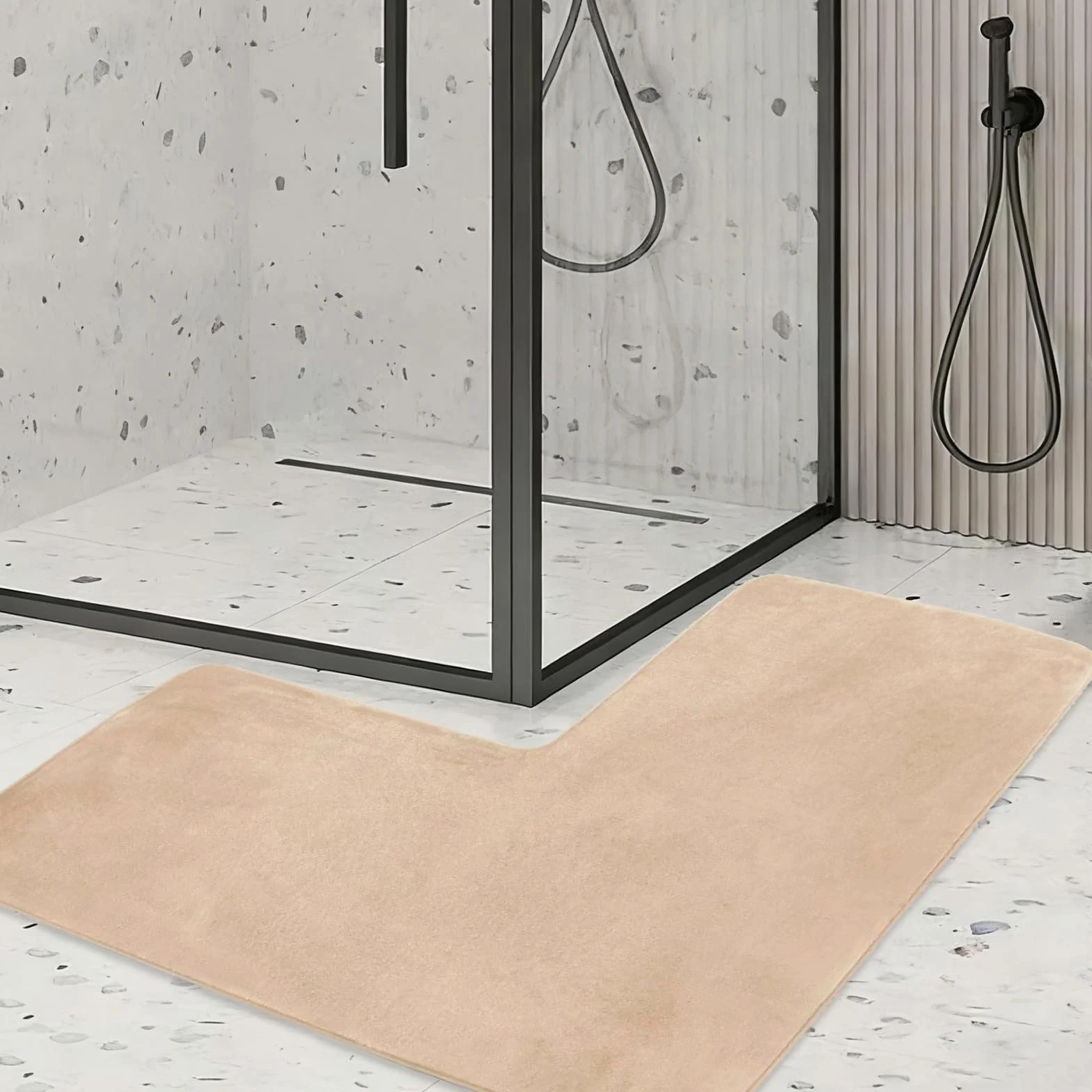 ACESOME Tapis de salle de bain en forme de L antidérapant 80 x 80 cm beige
