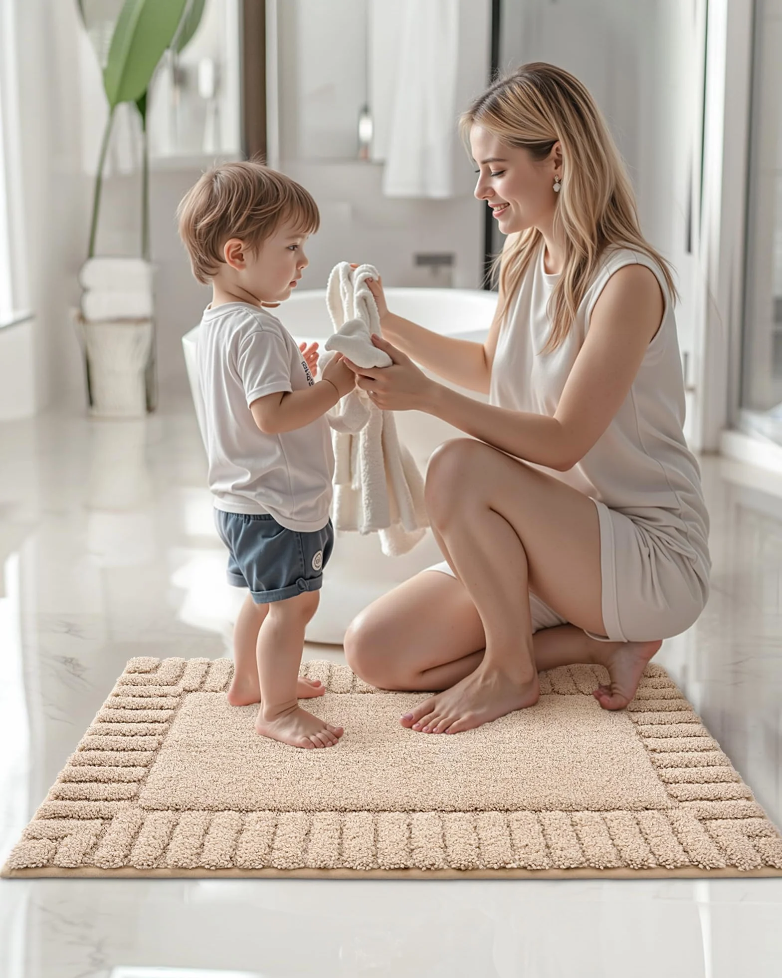 Tapis de Bain Antidérapant 40 x 60 cm Microfibre Absorbant Lavable en Machine Beige