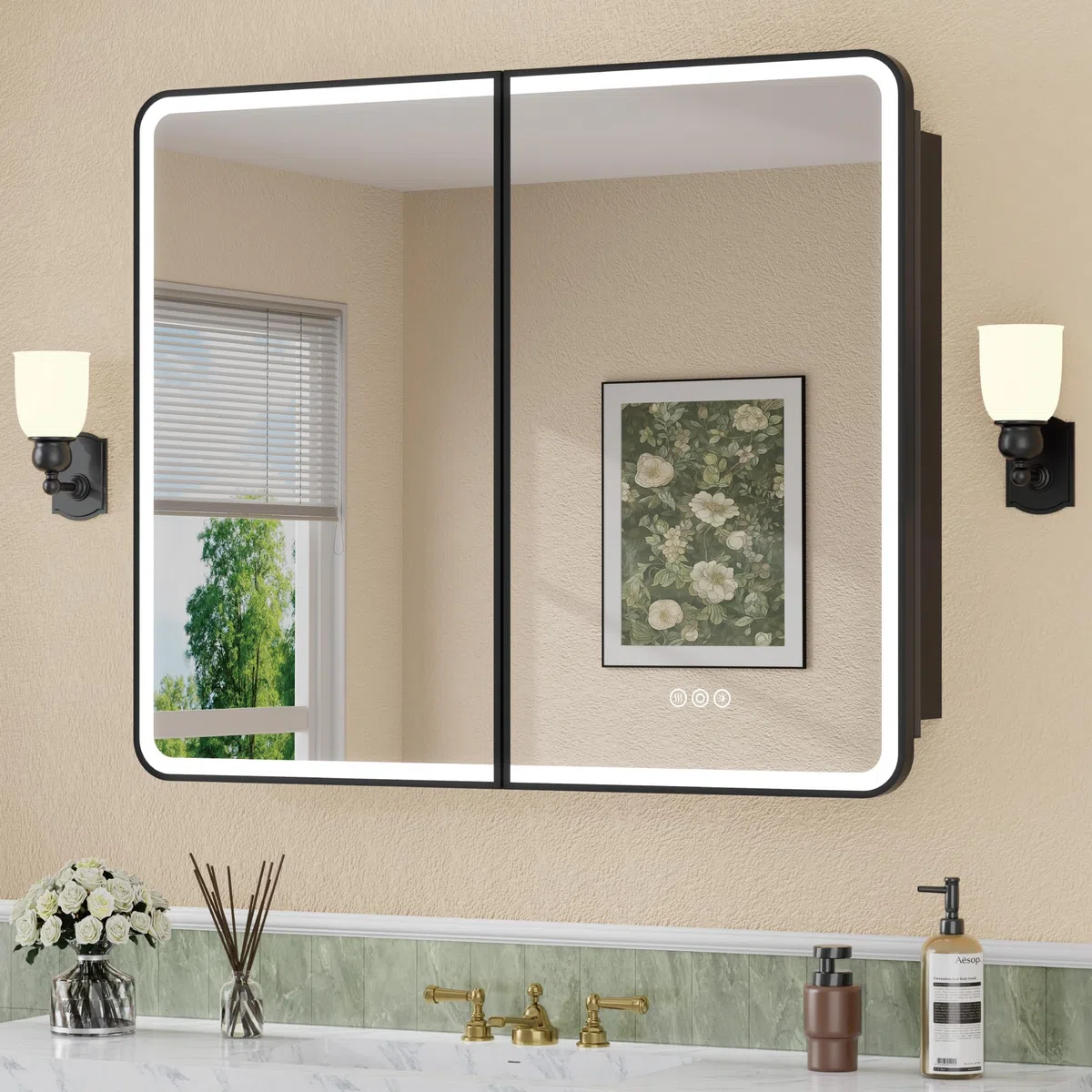 Armoire à pharmacie LED de 81,3 x 76,2 cm avec miroir, certifiée UL, à intensité variable, fonction anti-buée et mémoire, 3 modes de couleur, encastrée ou murale, étagère réglable, noir