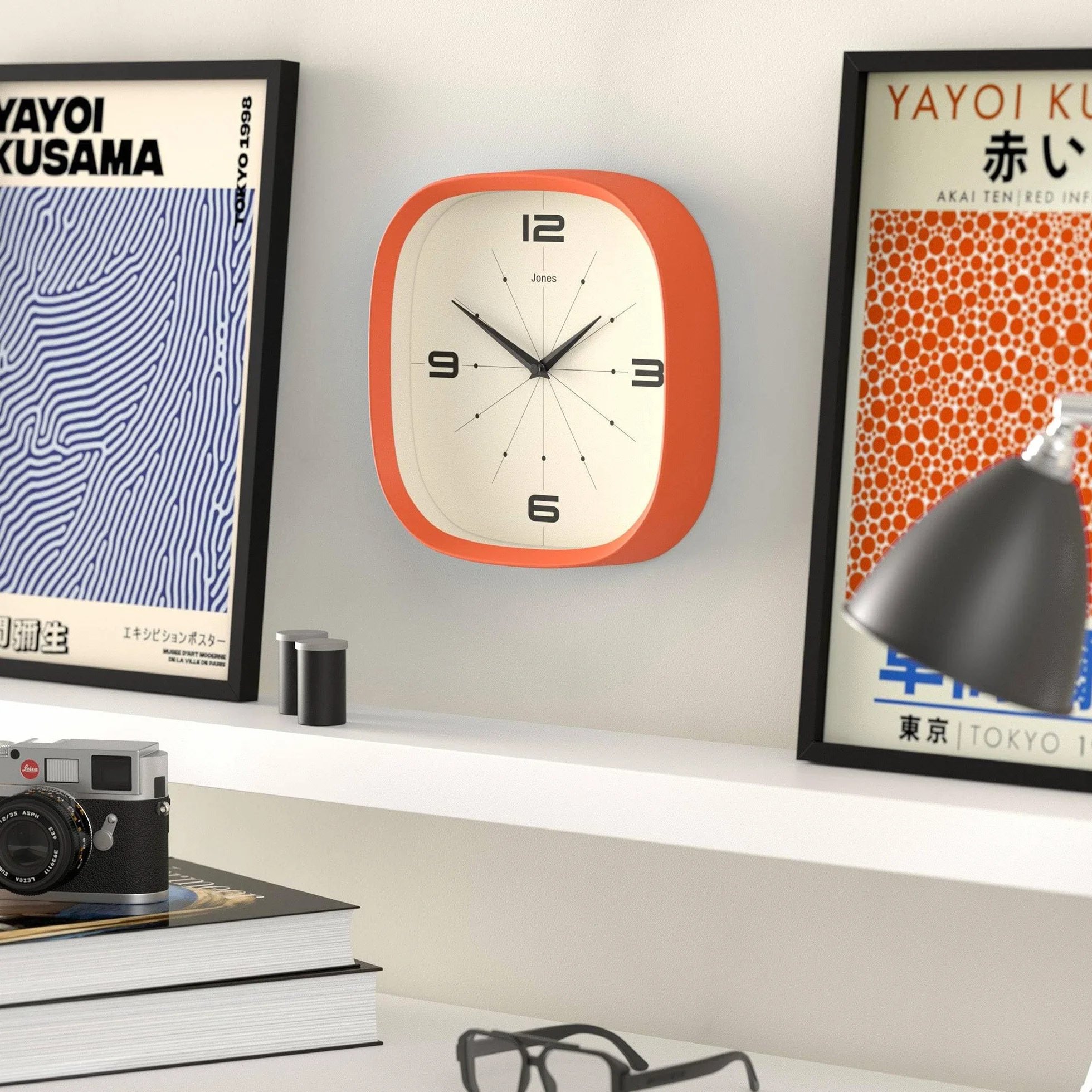 JONES CLOCKS Pulsar Horloge Murale 25cm Orange Rétro Carrée Arrondie