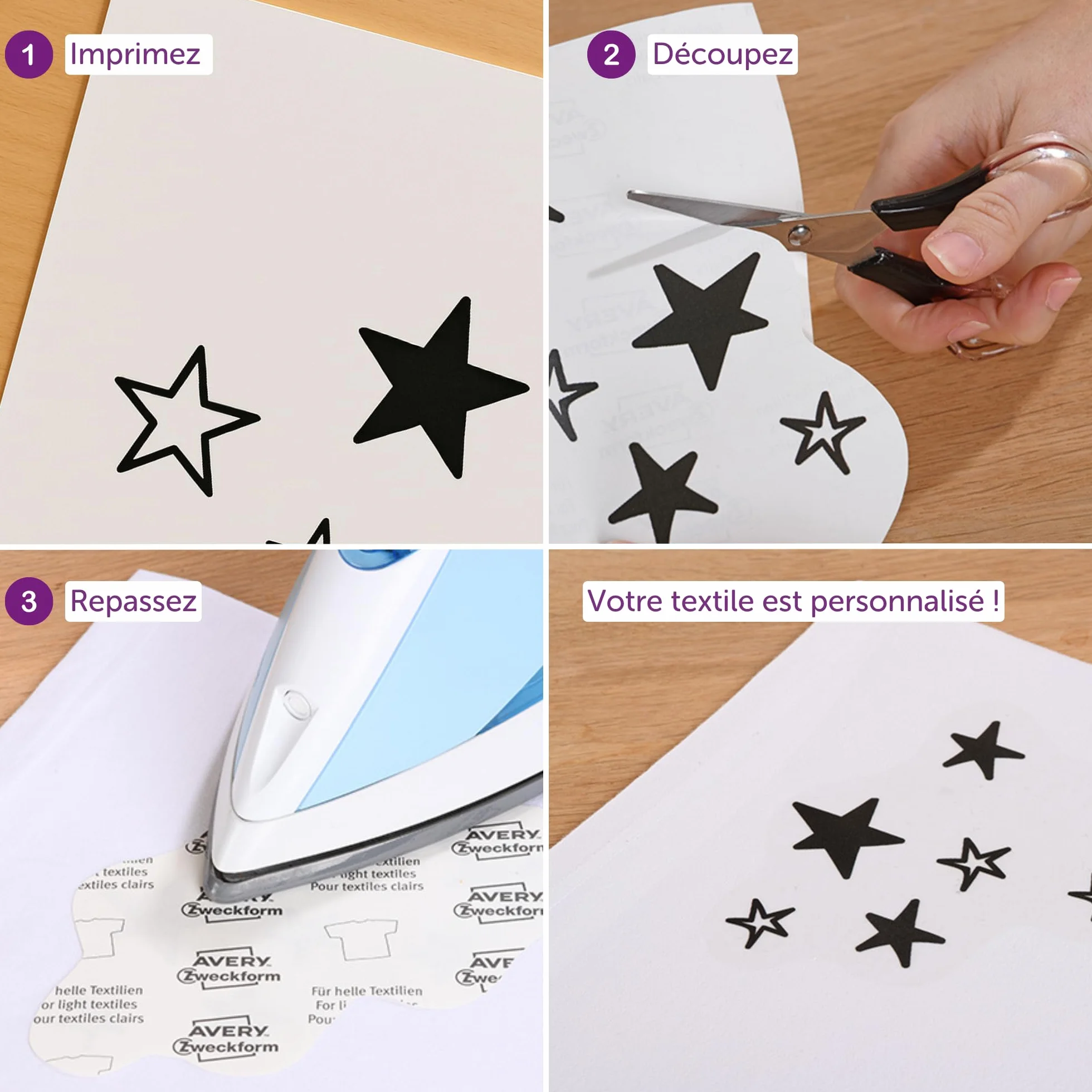 Avery Transferts Textile A4 8 feuilles impression jet encre pour motifs sur tissus clairs