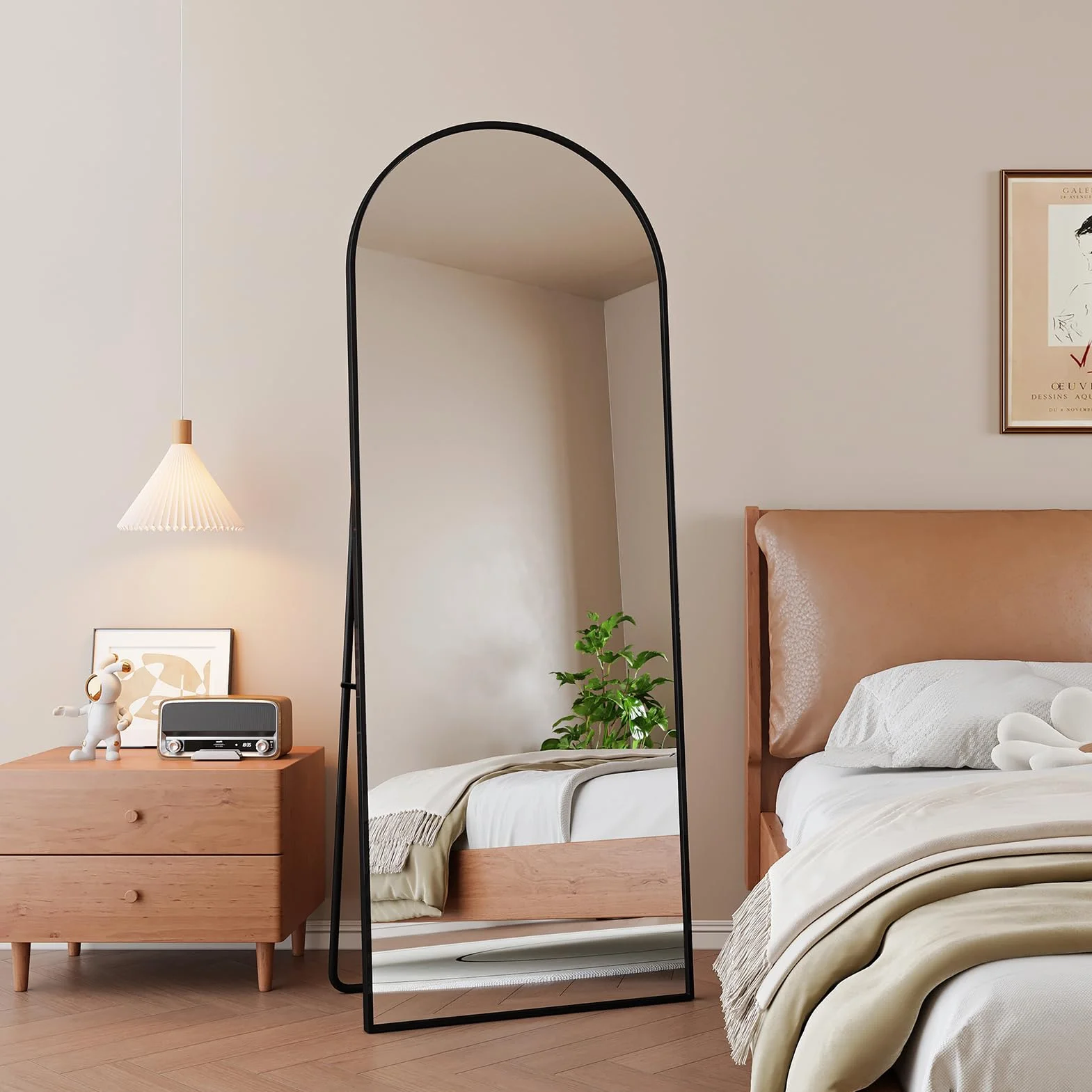 Miroir sur Pied 162x53 cm Grand Miroir Arqué Aluminium Noir Cadre Pleine Longueur