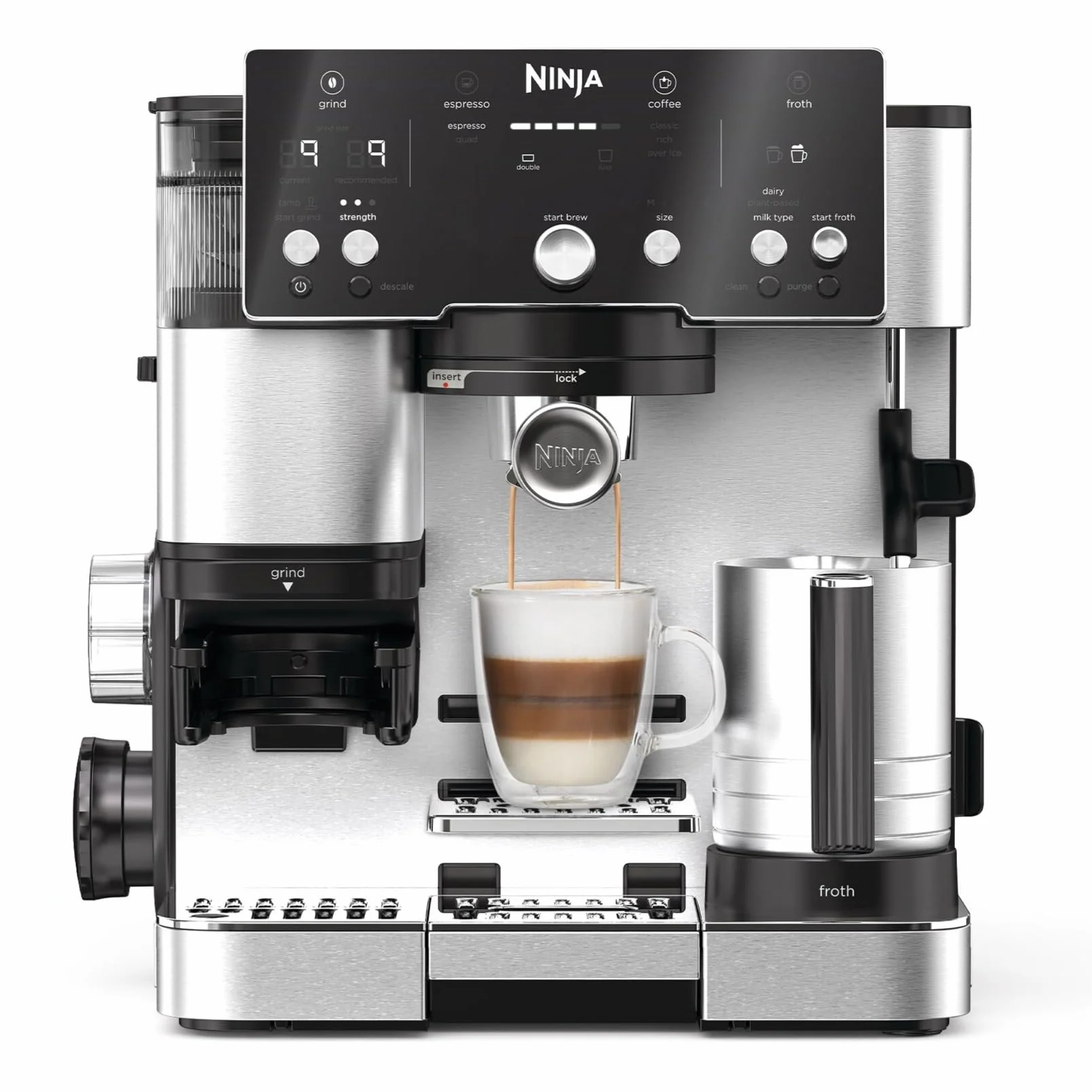 Ninja ES501EU Machine à café 2-en-1 Latte Cappuccino Espresso avec broyeur à grains et mousseur à lait intégrés argent