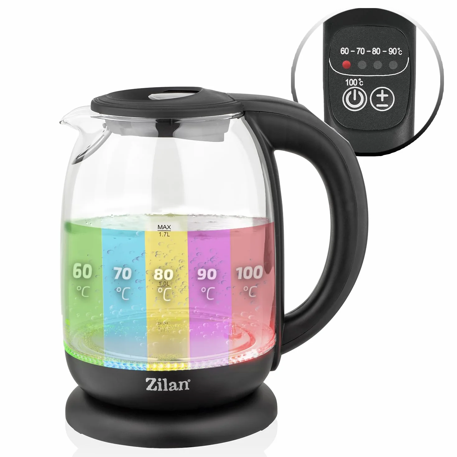Bouilloire en verre numérique LED 1.7L 2200W 5 réglages température sans fil 360°