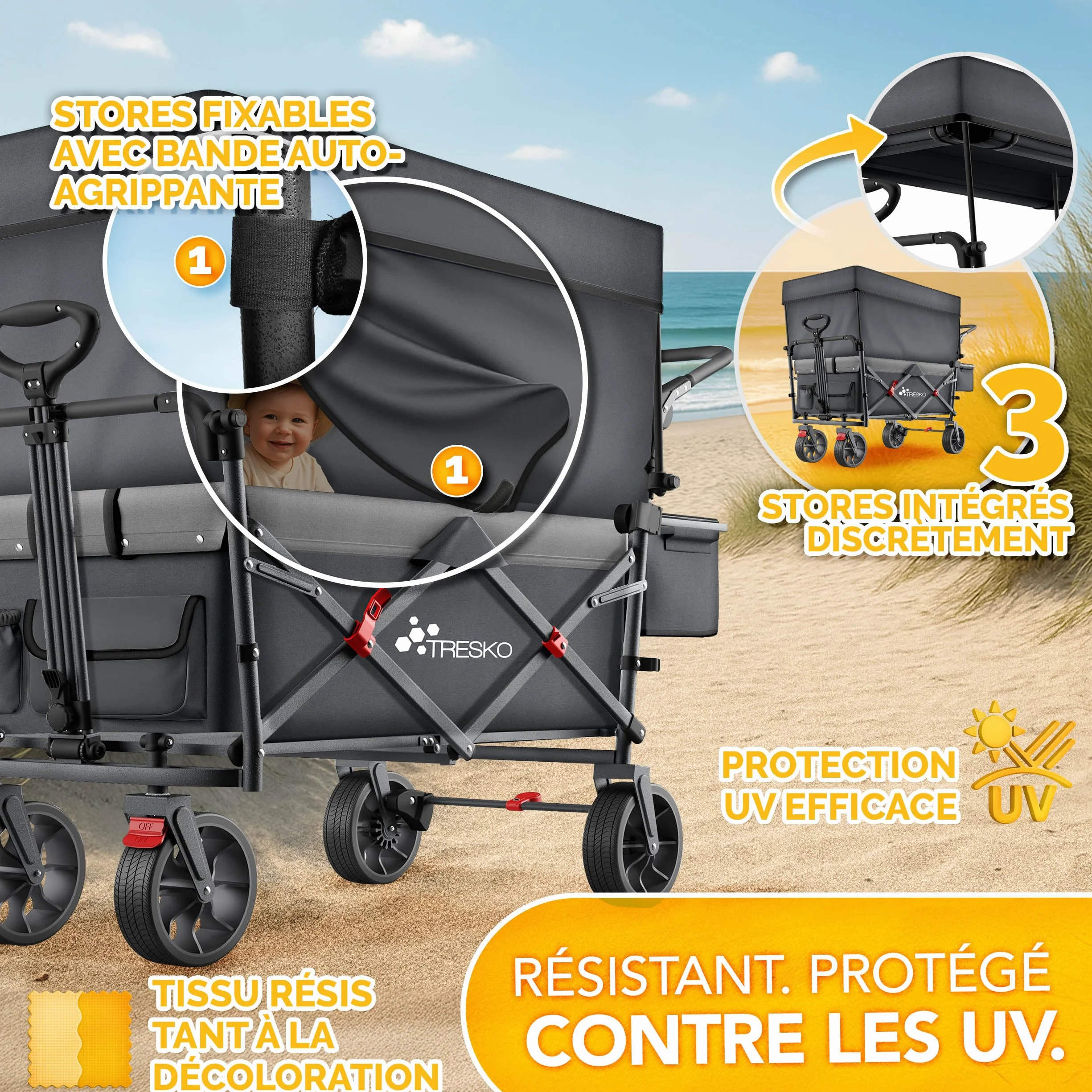 TRESKO Chariot de transport pliable 150 kg avec compartiment isotherme et stores latéraux