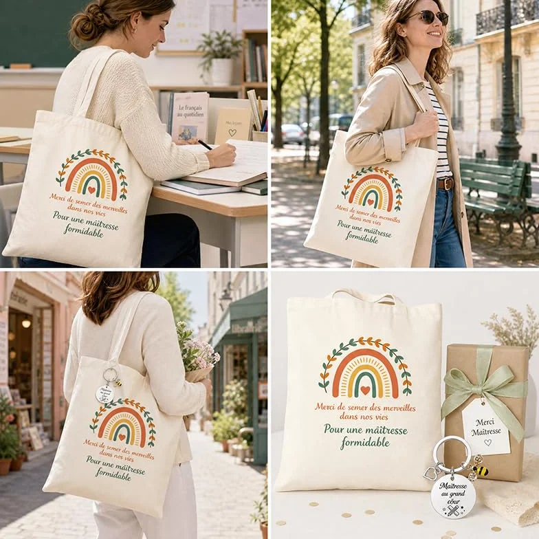 Tote Bag Maitressee Merci Porte-Clé Sac Cabas Femme Grande Capacité Réutilisable